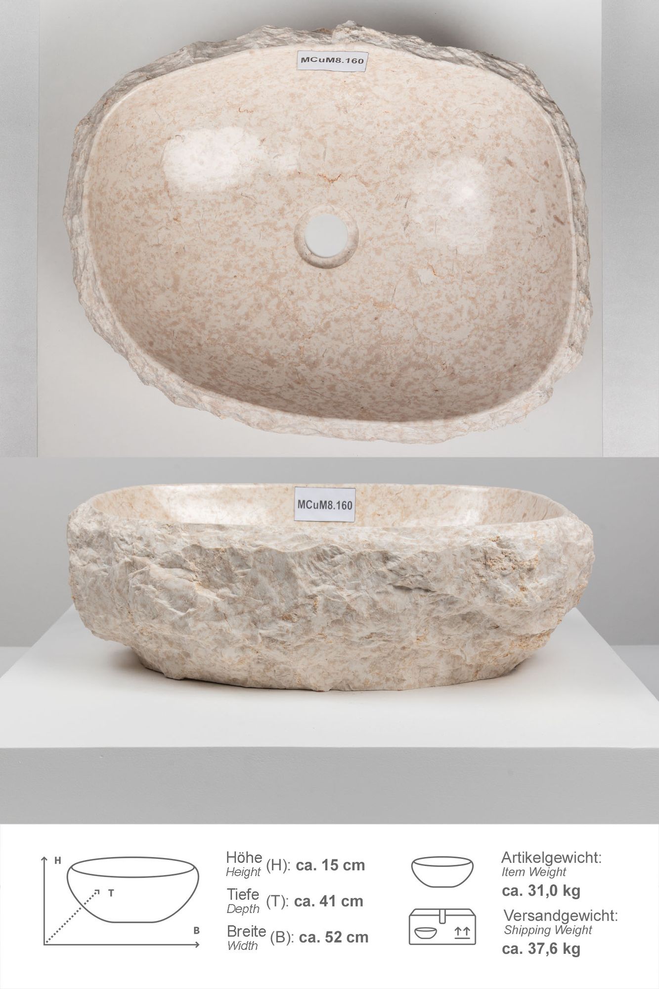 Erosi Marmor Waschbecken mit Naturkante 50 cm creme MCuM8.160