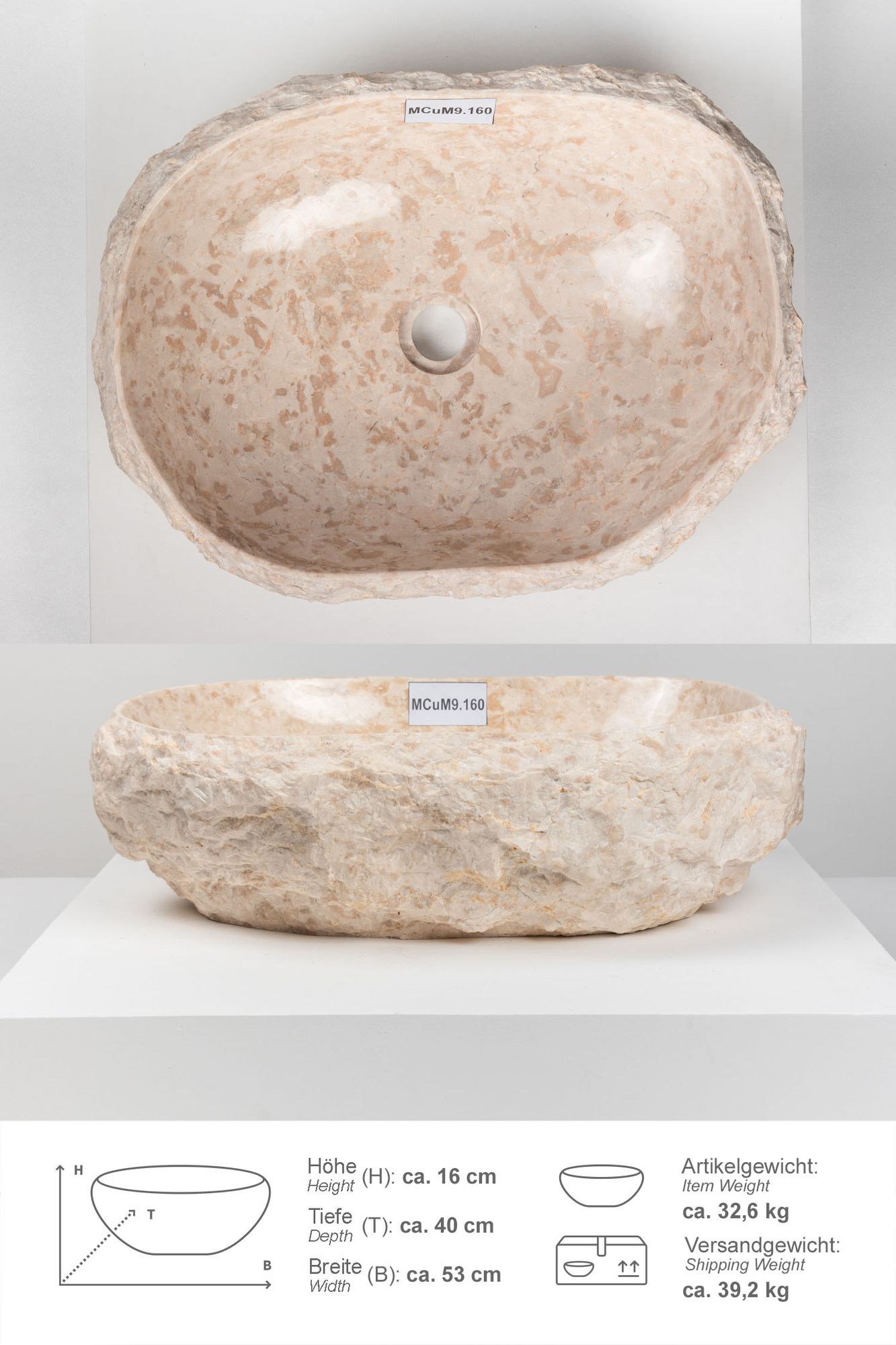 Erosi Marmor Waschbecken mit Naturkante 50 cm creme MCuM9.160