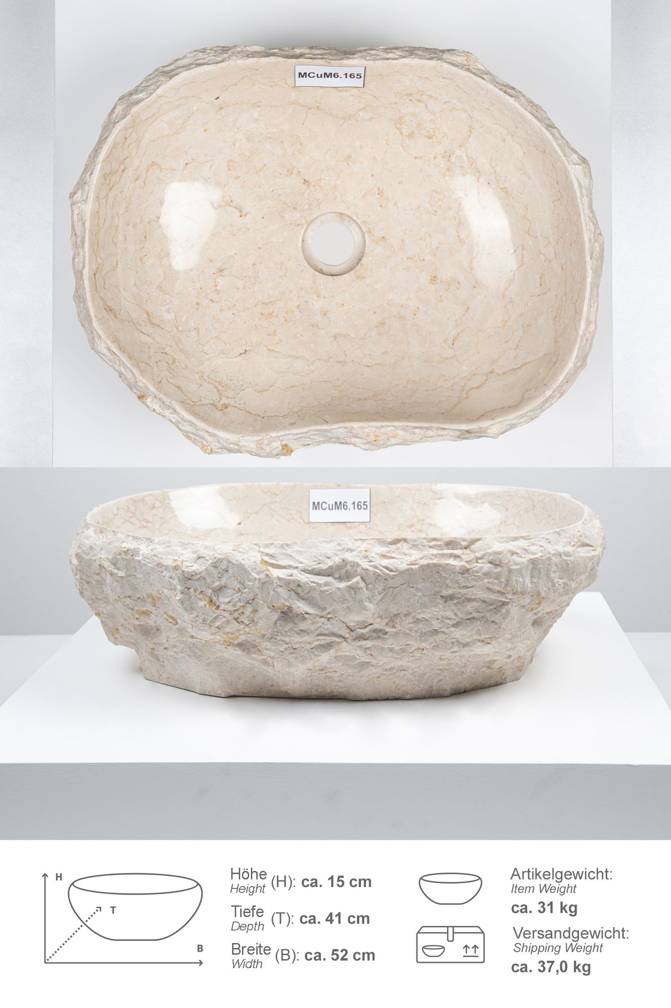 Erosi Marmor Waschbecken mit Naturkante 50 cm creme MCuM6.165