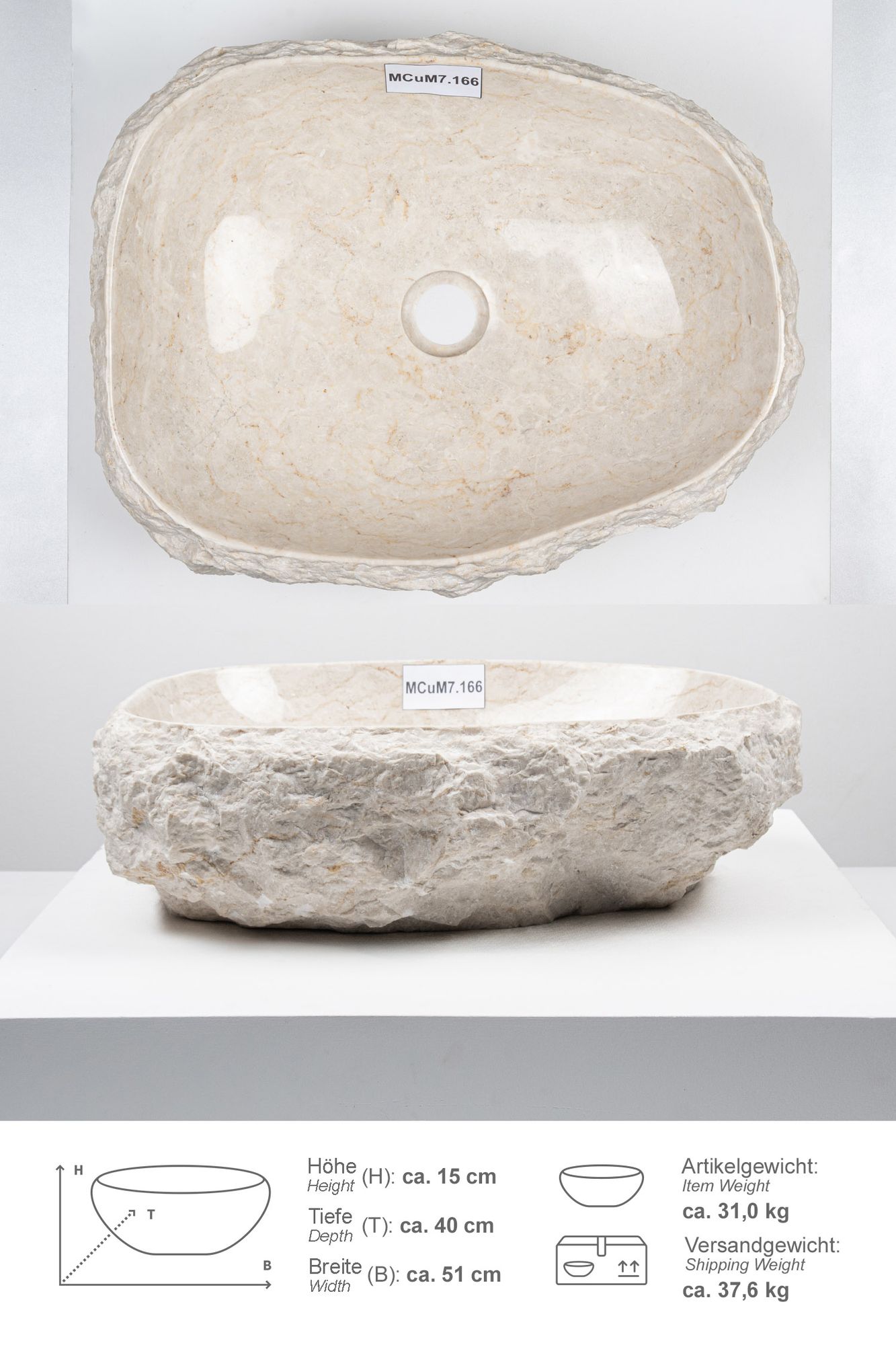 Erosi Marmor Waschbecken mit Naturkante 50 cm creme MCuM7.166