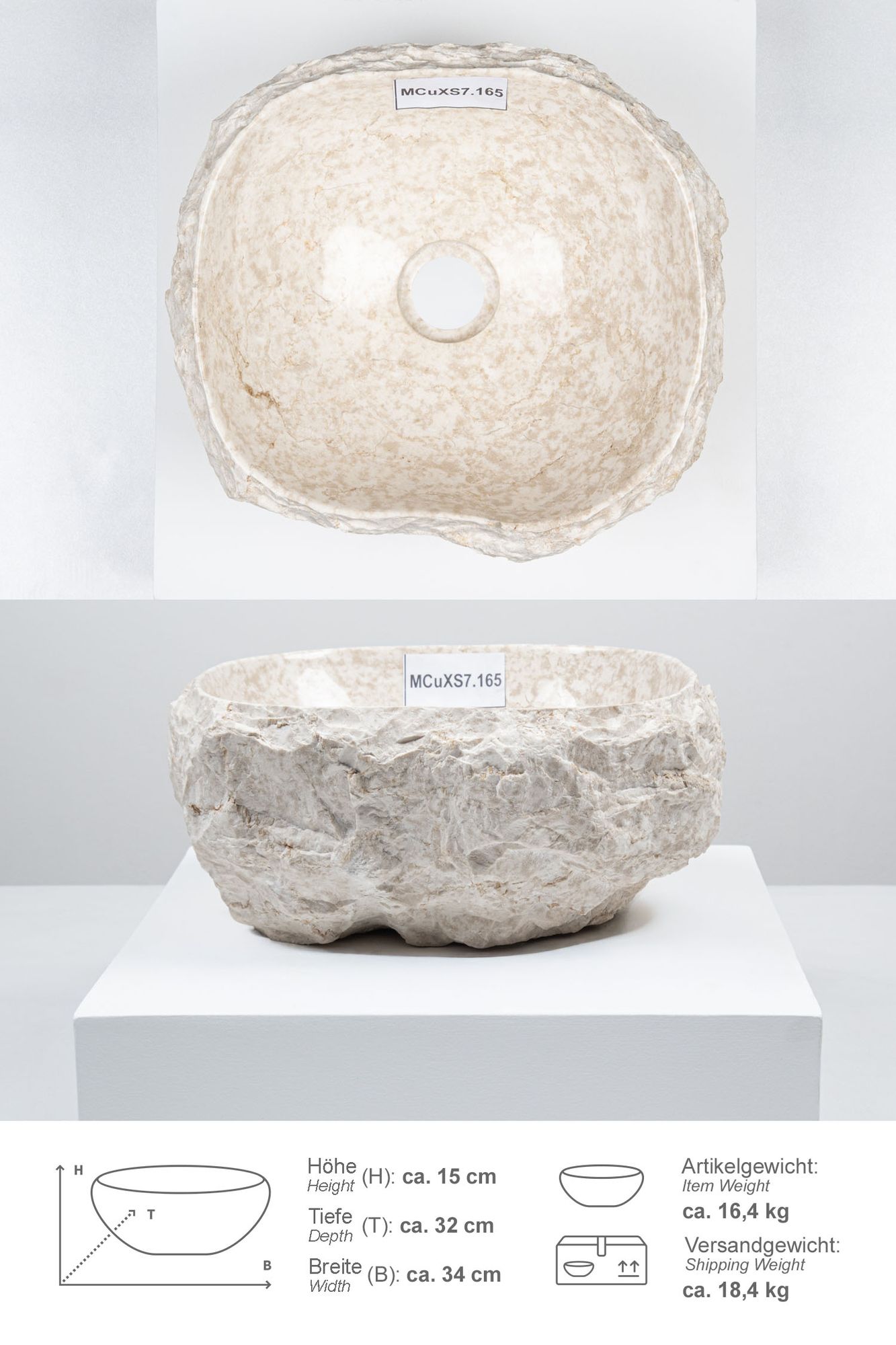 Erosi Marmor Waschbecken mit Naturkante 30 cm creme MCuXS7.165