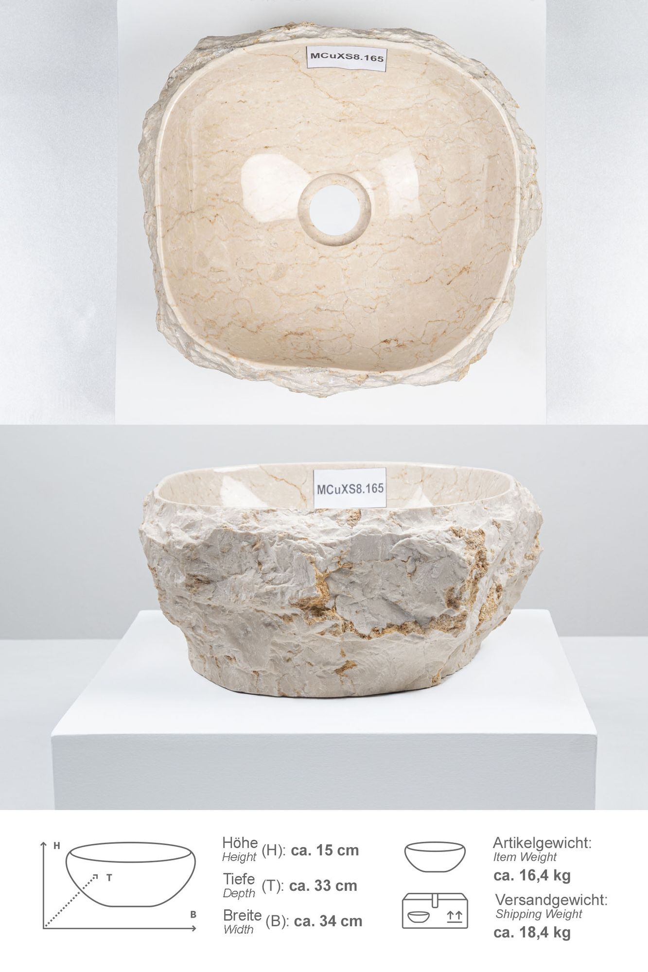 Erosi Marmor Waschbecken mit Naturkante 30 cm creme MCuXS8.165