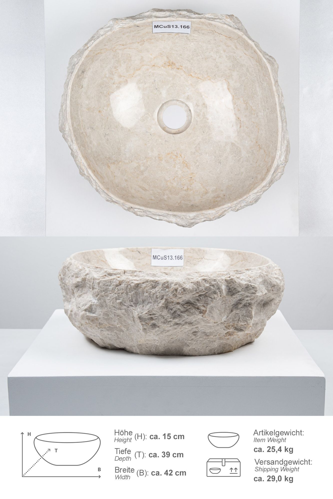 Erosi Marmor Waschbecken mit Naturkante 40 cm creme MCuS13.166