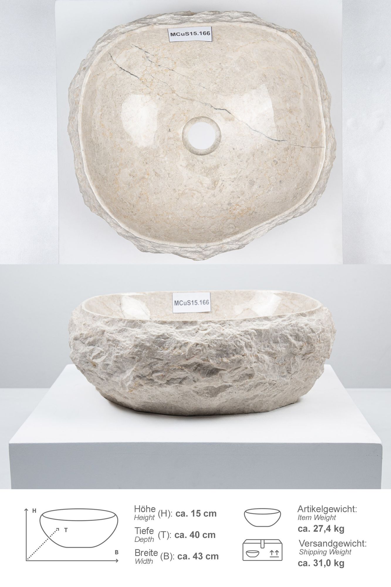 Erosi Marmor Waschbecken mit Naturkante 40 cm creme MCuS15.166