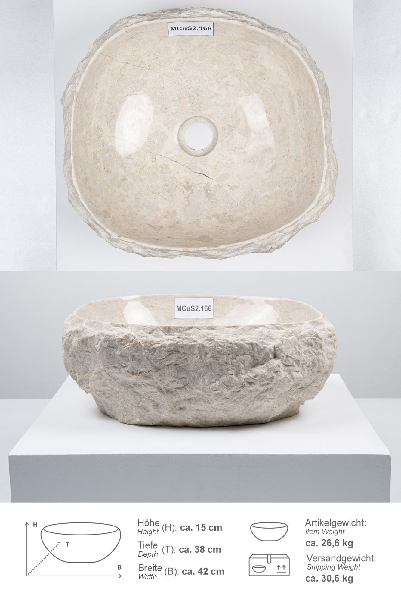 Erosi Marmor Waschbecken mit Naturkante 40 cm creme MCuS2.166