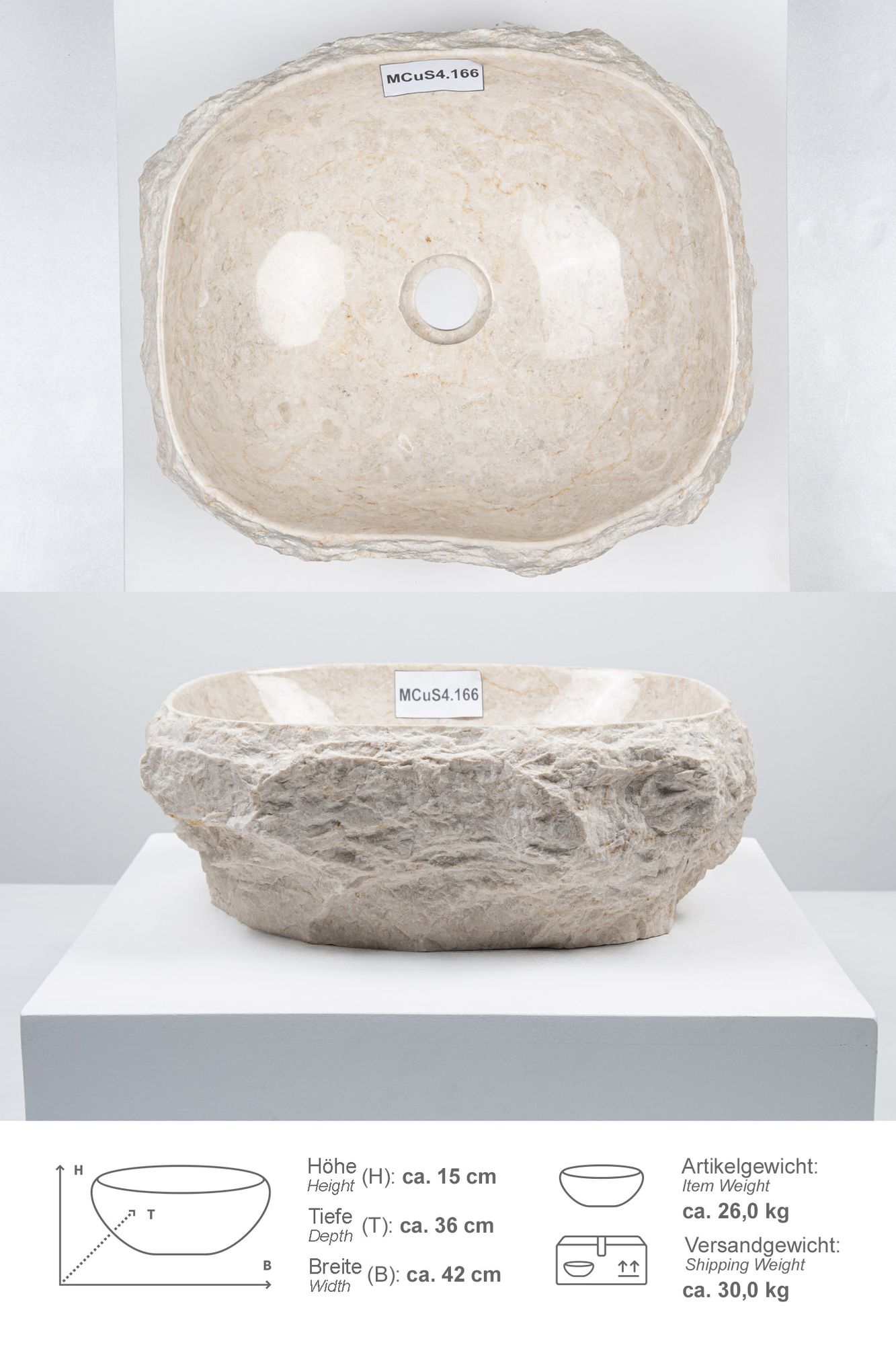 Erosi Marmor Waschbecken mit Naturkante 40 cm creme MCuS4.166