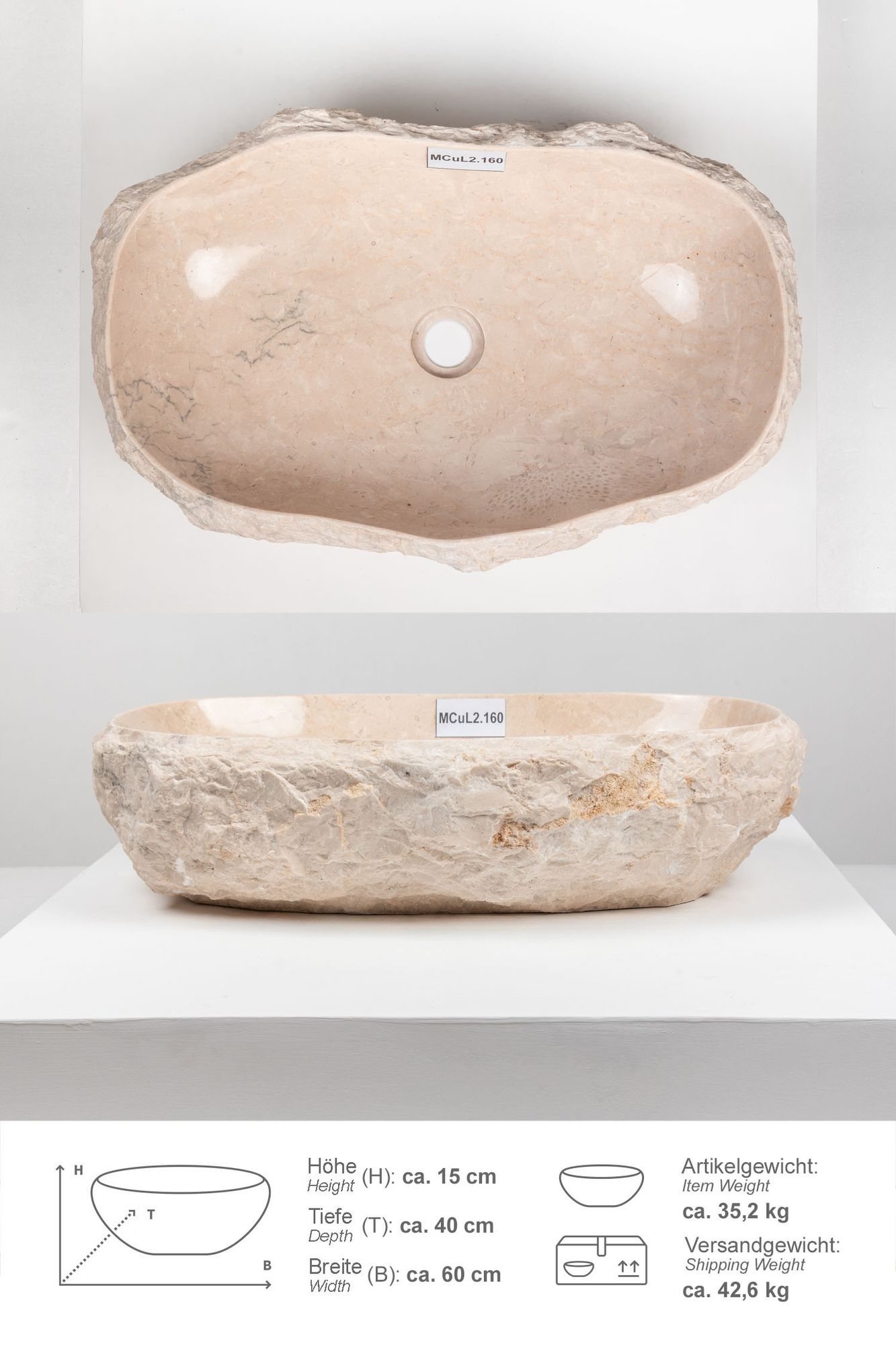 Erosi Marmor Waschbecken mit Naturkante 60 cm creme MCuL2.160
