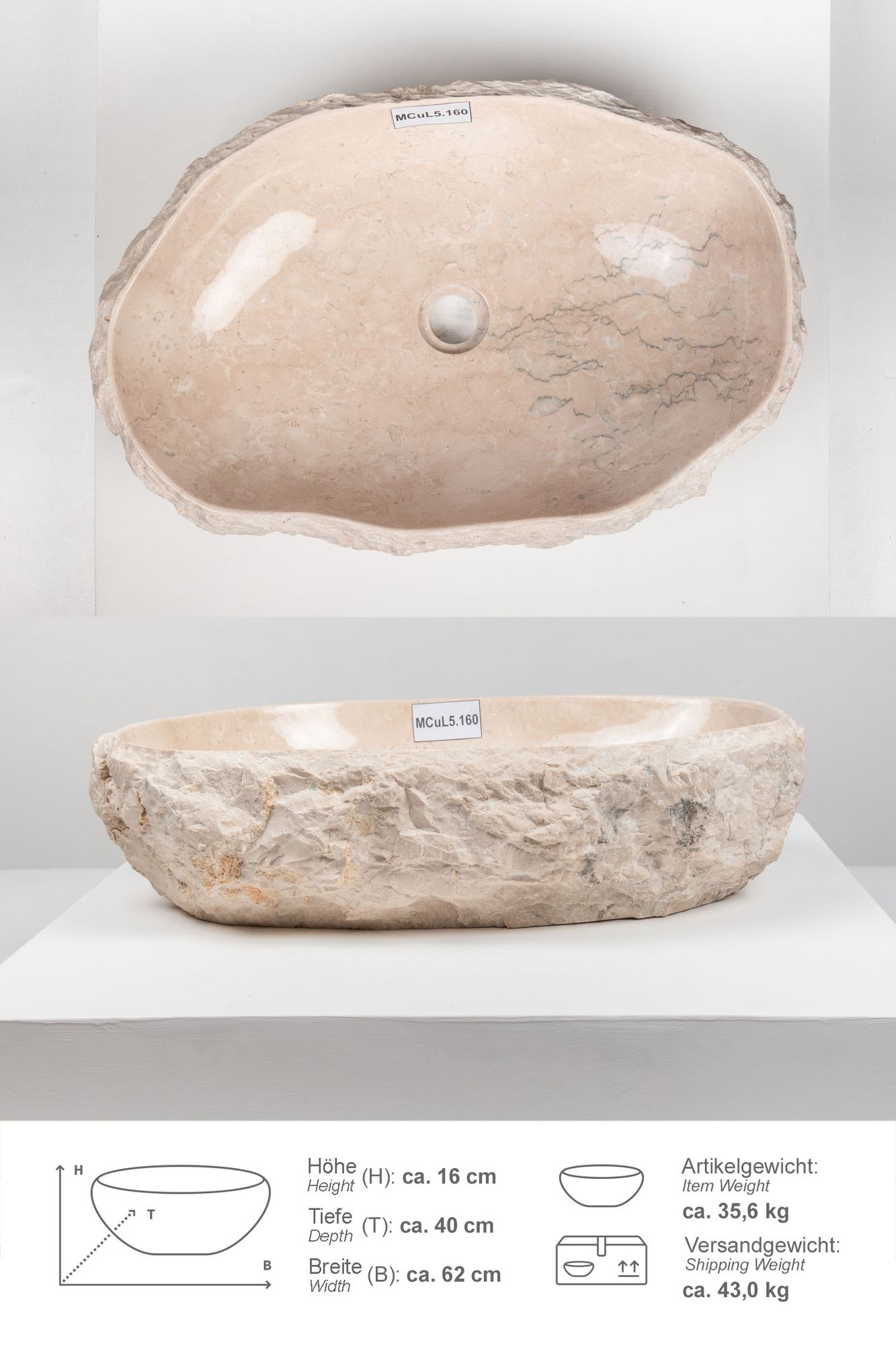 Erosi Marmor Waschbecken mit Naturkante 60 cm creme MCuL5.160