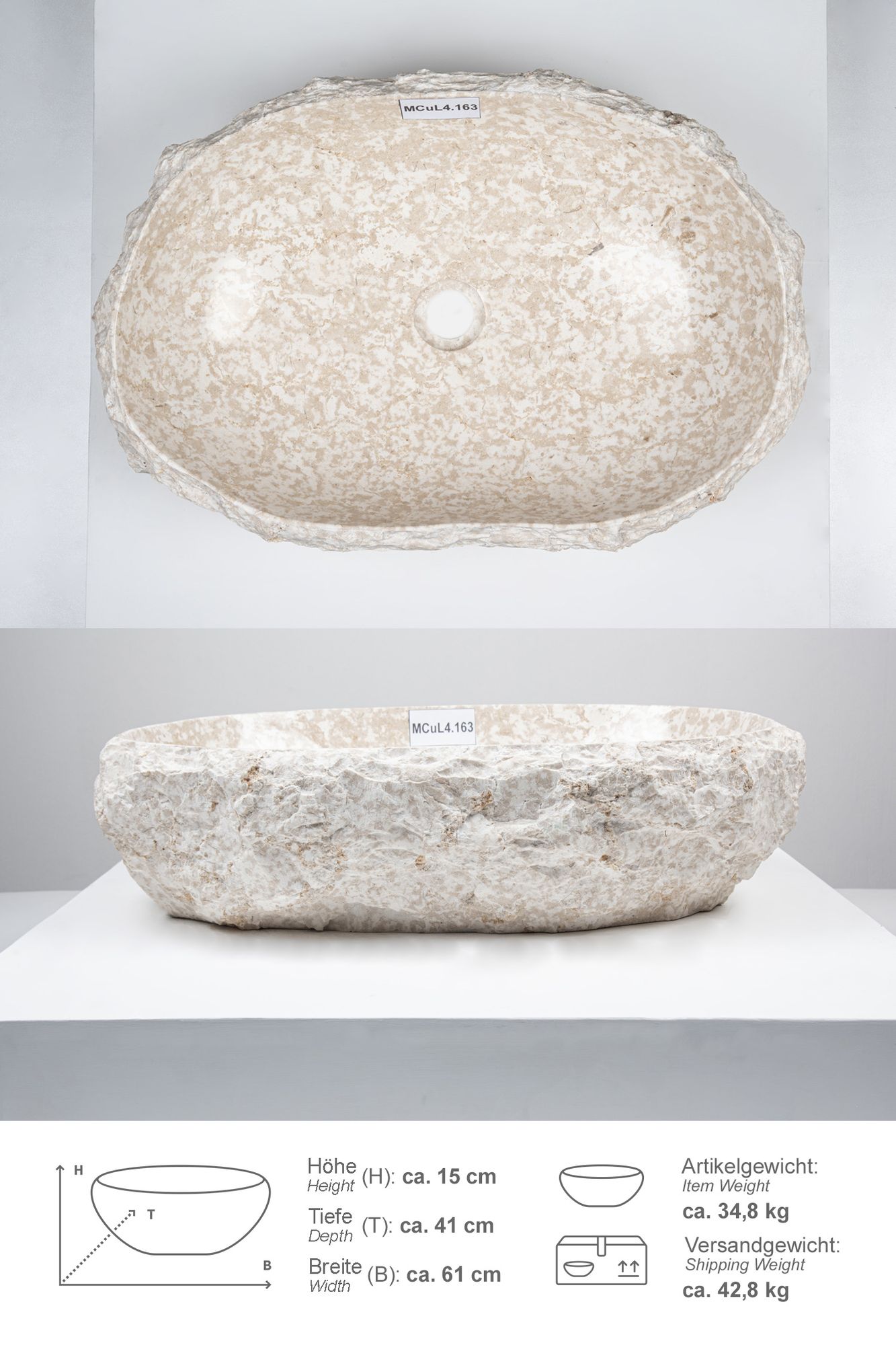 Erosi Marmor Waschbecken mit Naturkante 60 cm creme MCuL4.163