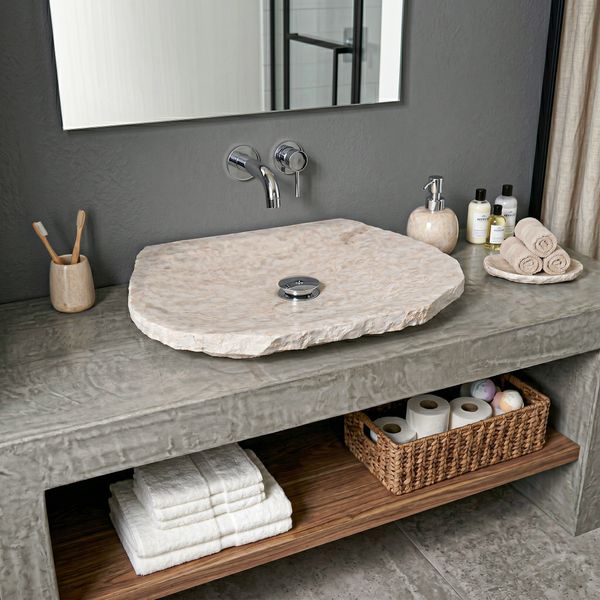 Erosi Marmor Waschbecken extraflach 60 cm creme mit gerader Rückwand wohnfreuden