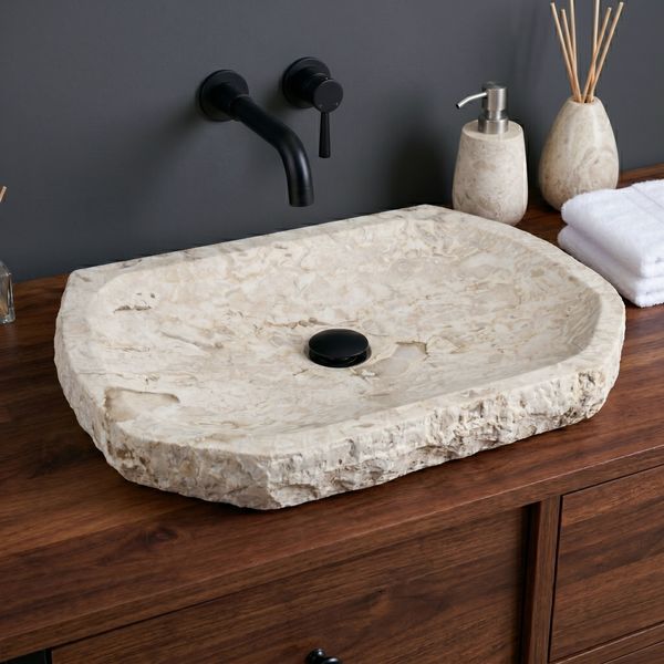 Erosi Marmor Waschbecken extraflach 70 cm creme mit gerader Rückwand wohnfreuden