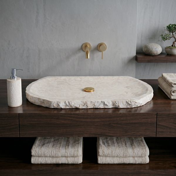 Erosi Marmor Waschbecken extraflach 80 cm creme mit gerader Rückwand wohnfreuden