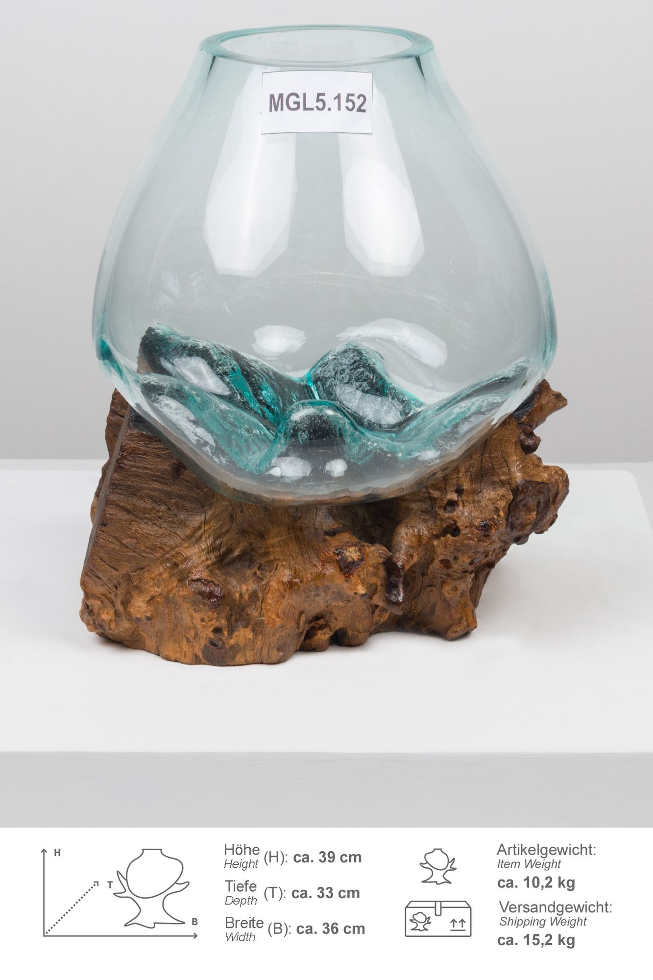 Glas Vase auf Wurzel Teakholz L 35 - 40 cm Glasvase MGL5.152