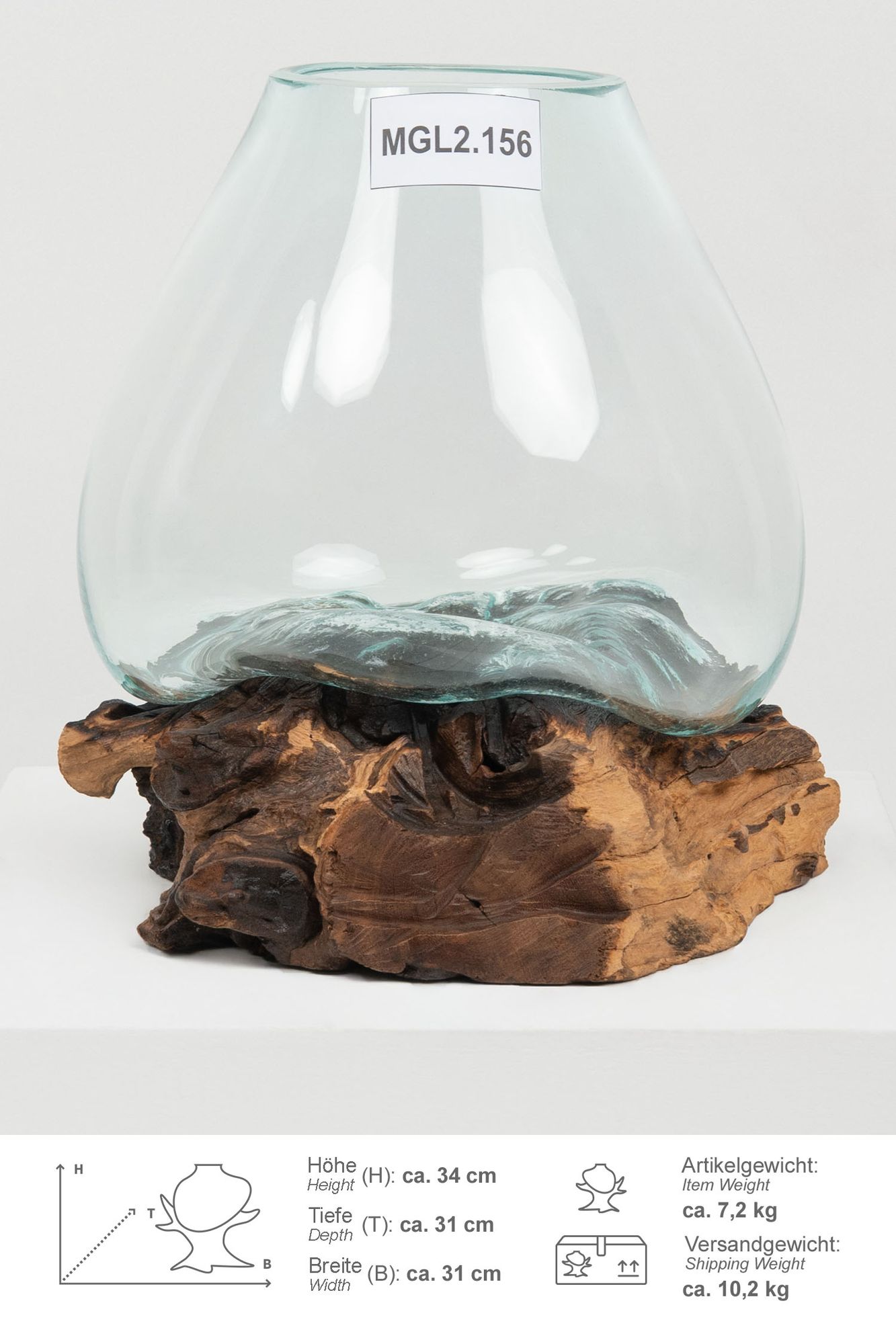 Glas Vase auf Wurzel Teakholz L 35 - 40 cm Glasvase MGL2.156