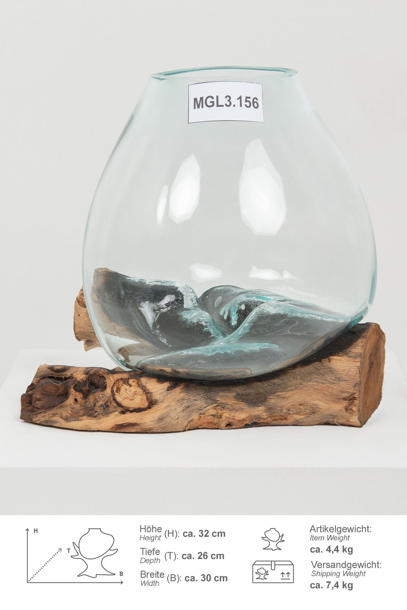 Glas Vase auf Wurzel Teakholz L 35 - 40 cm Glasvase MGL3.156