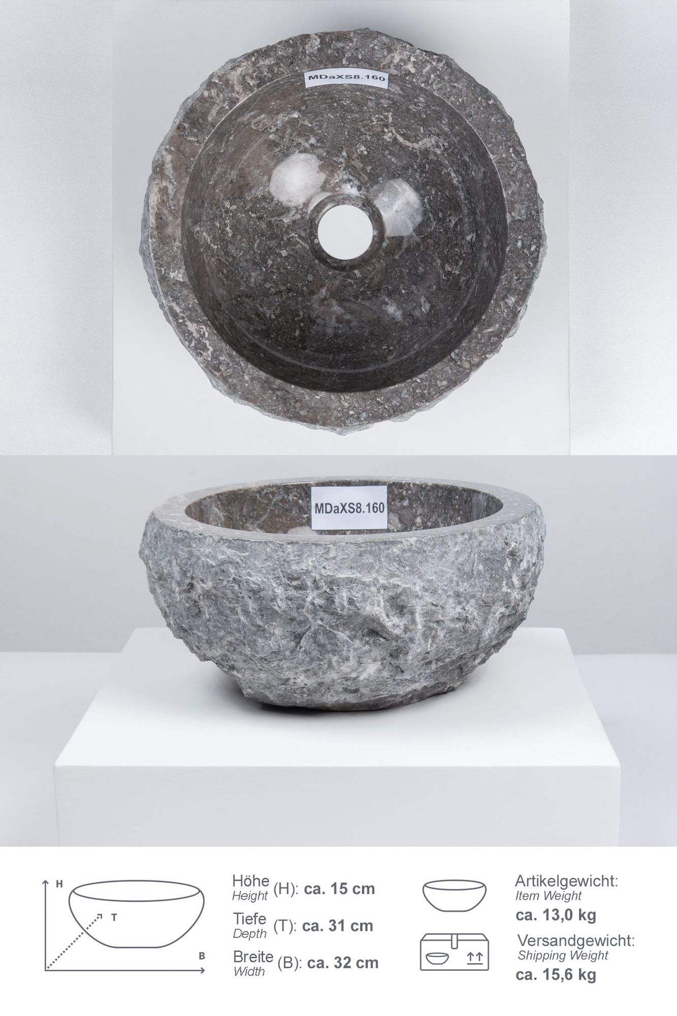 Erosi Marmor Waschbecken 30 cm grau MDaXS8.160
