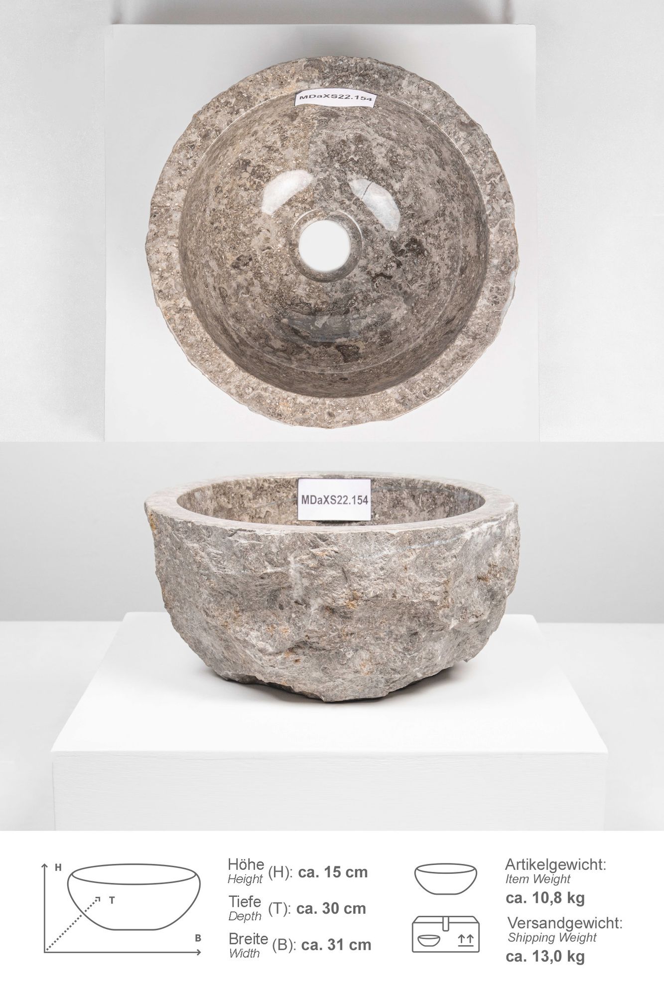 Erosi Marmor Waschbecken 30 cm grau MDaXS22.154