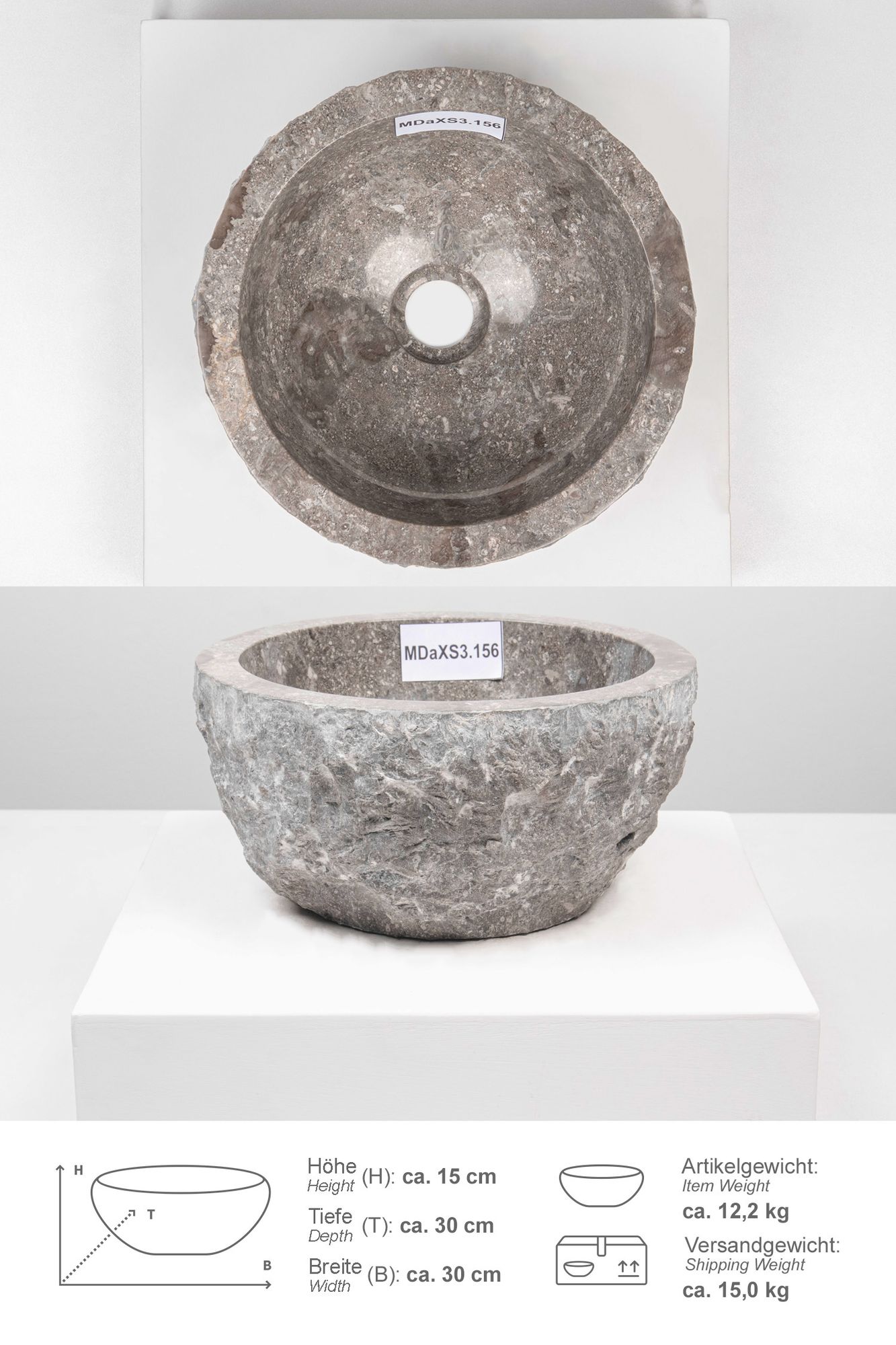 Erosi Marmor Waschbecken 30 cm grau MDaXS3.156