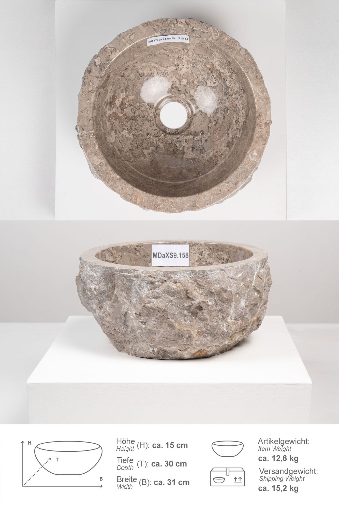 Erosi Marmor Waschbecken 30 cm grau MDaXS9.158