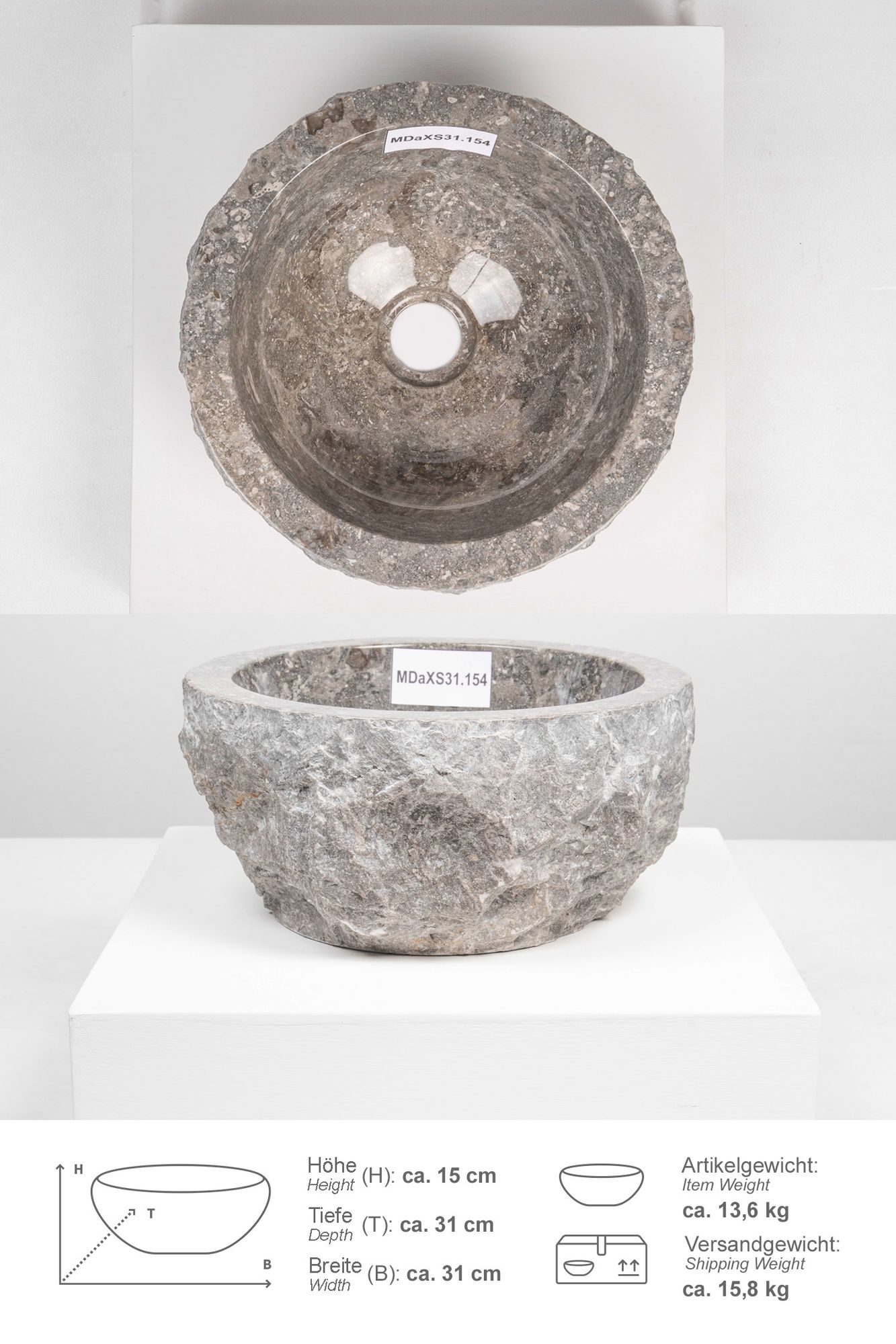 Erosi Marmor Waschbecken 30 cm grau MDaXS31.154