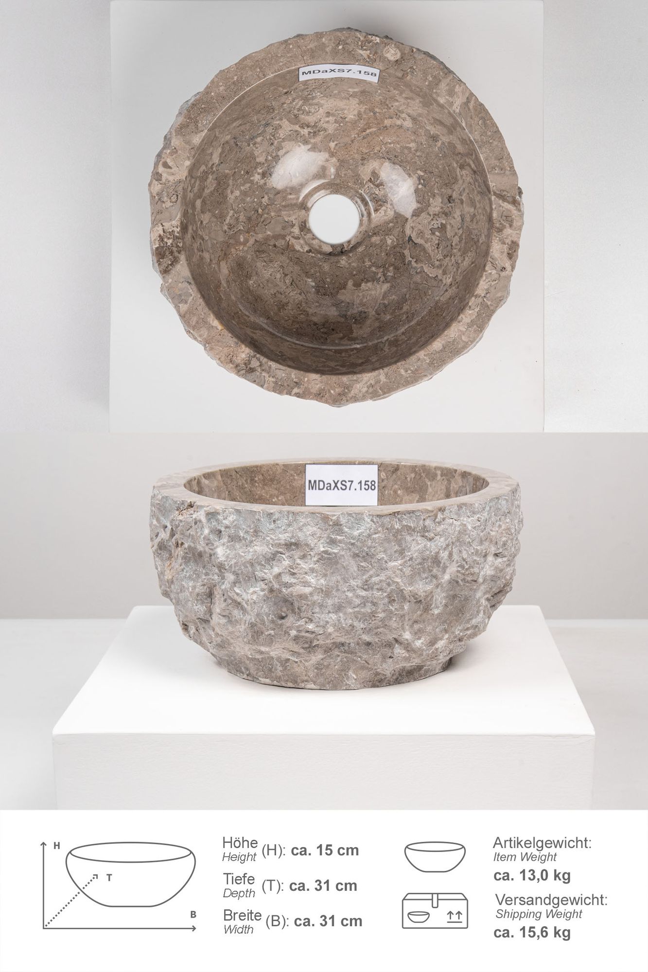 Erosi Marmor Waschbecken 30 cm grau MDaXS7.158