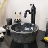 WOHNFREUDEN Marmor Naturstein Waschbecken MINIJAYA 30 cm rund schwarz Gäste WC