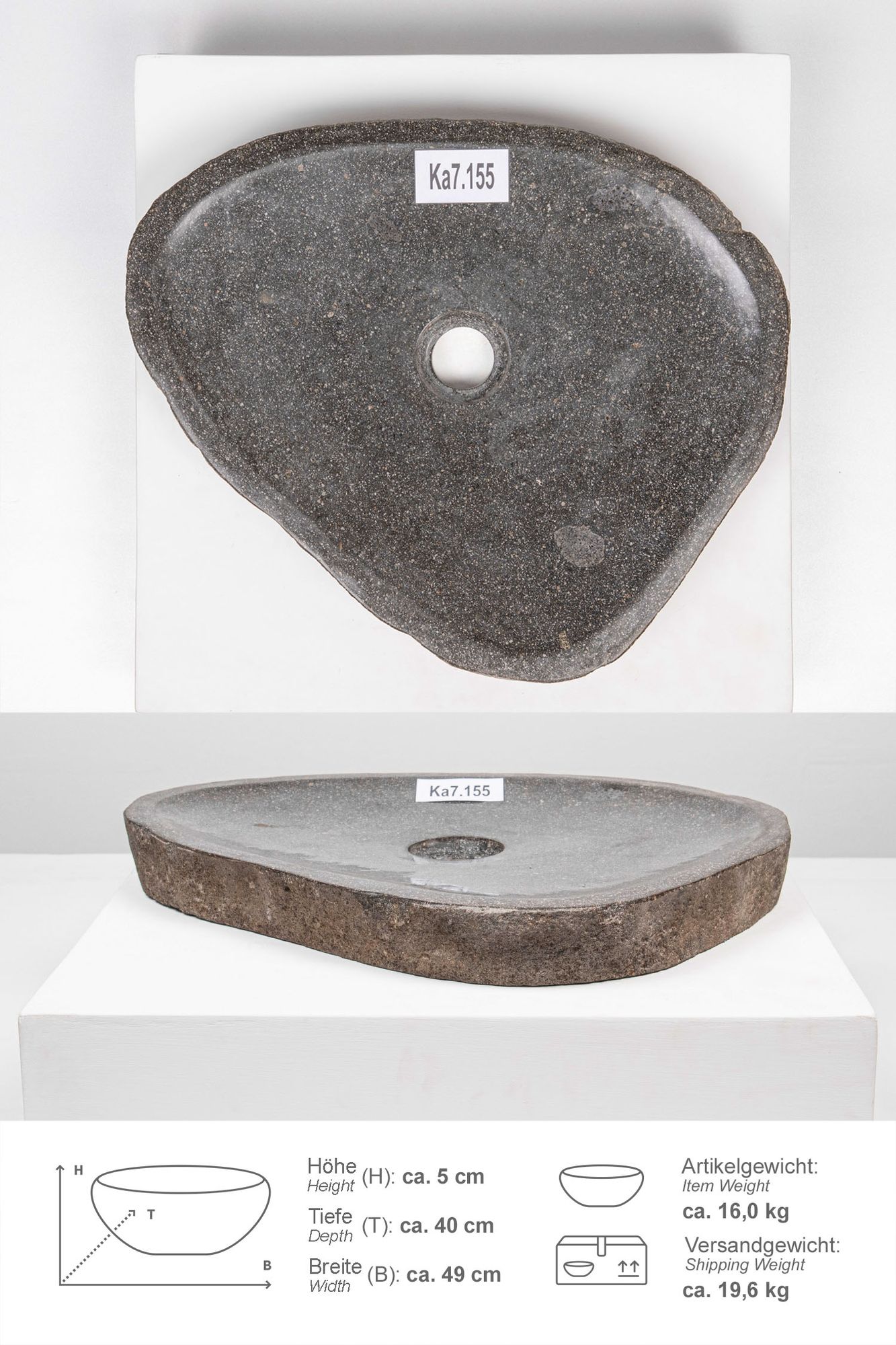 Naturstein Waschbecken 40 cm extra flach Ka7.155