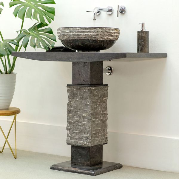wohnfreuden Marmor Waschtisch Säule T-Model schwarz inkl. Aufsatzwaschbecken
