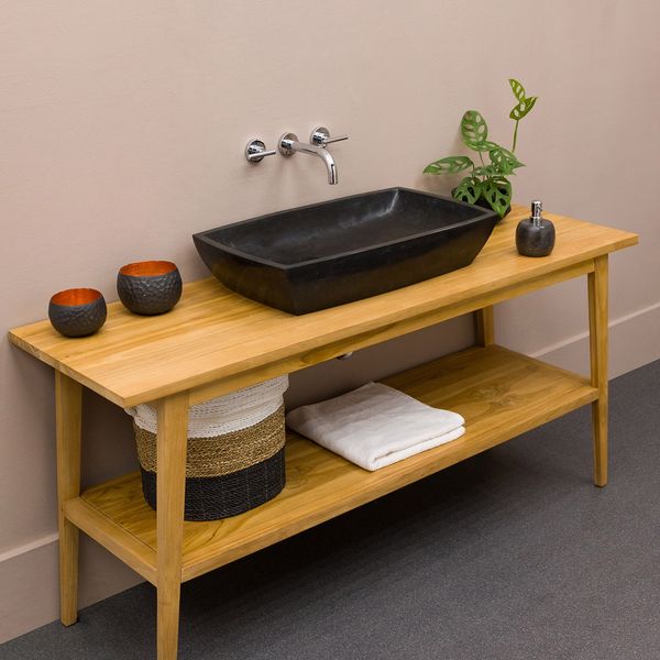 Andesit Stein-Waschbecken 70 cm MARA schwarz anthrazit eckig länglich Naturstein-Steinwaschbecken Aufsatz-hand-Waschbecken Gäste WC Wohnfreuden