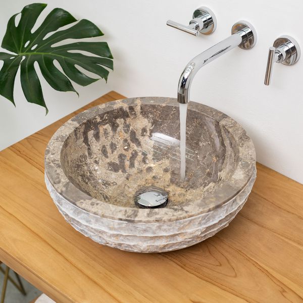 wohnfreuden Marmor Waschbecken BASCOM ROWFISH 40 cm grau rund