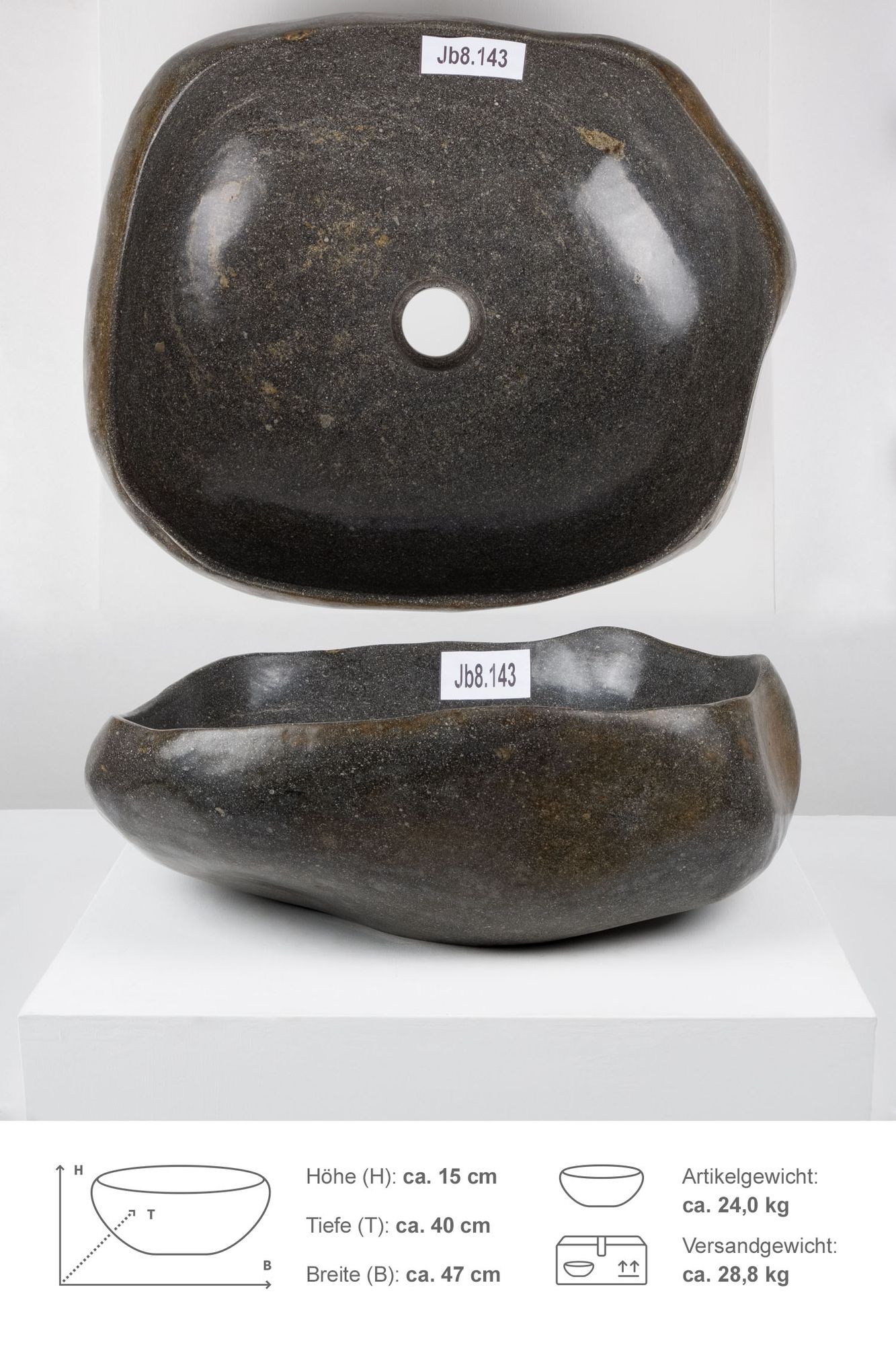 Naturstein Waschbecken 40 cm rundum poliert mit Naturkante Jb8.143