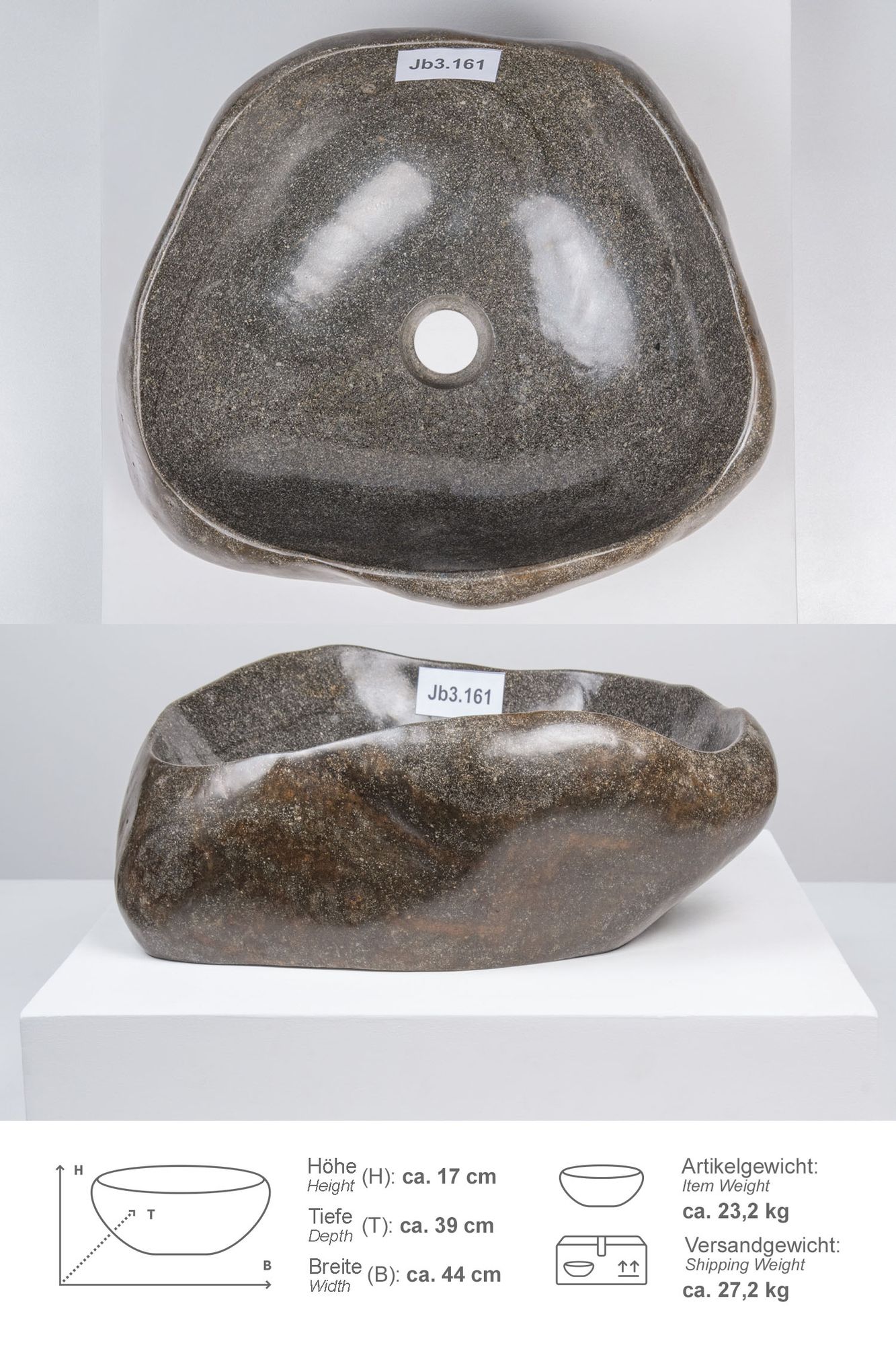 Naturstein Waschbecken 40 cm rundum poliert mit Naturkante Jb3.161