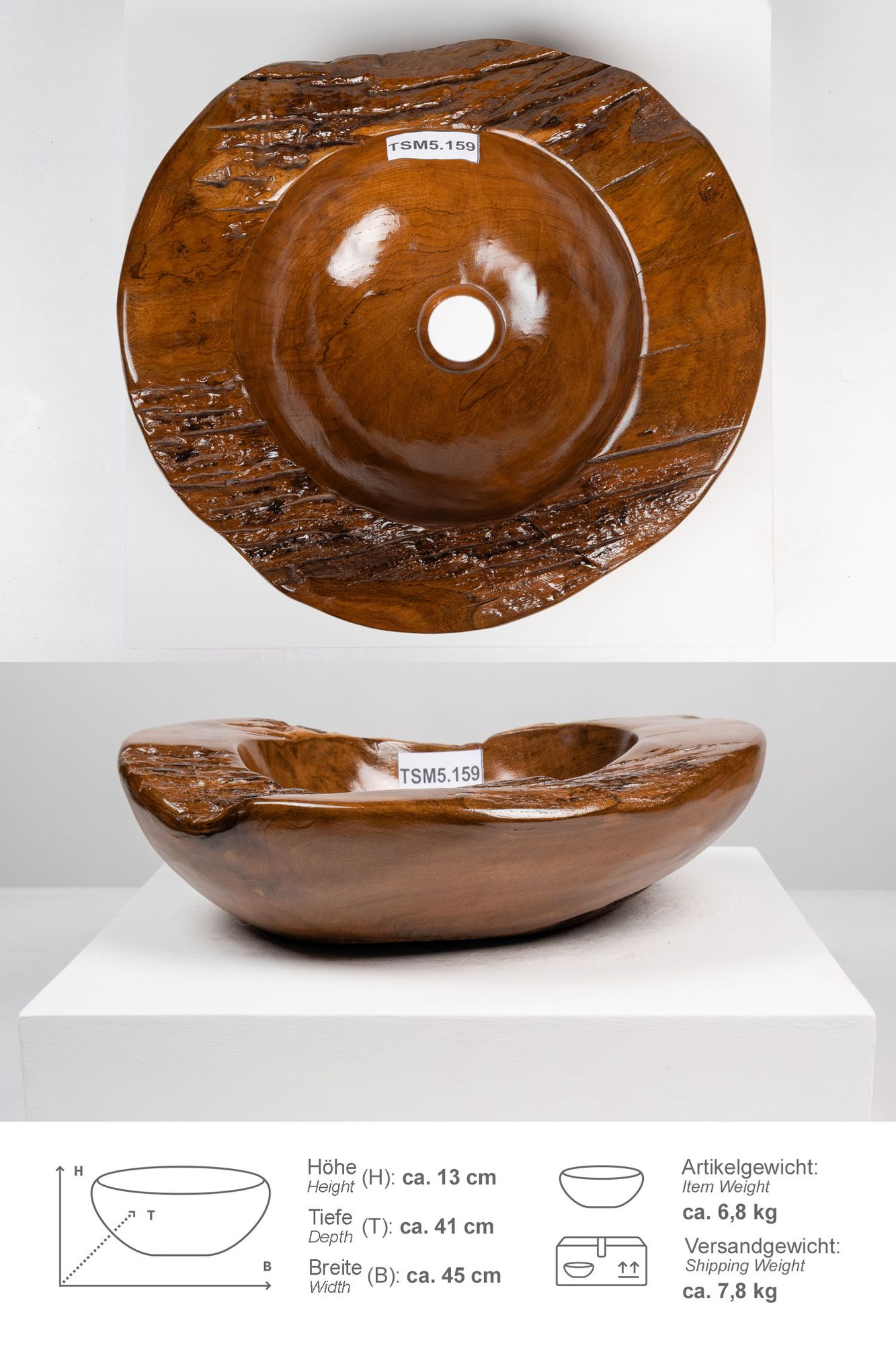 Teakholz Waschbecken 45 cm TSM5.159