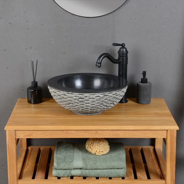 wohnfreuden Marmor Waschbecken 40 cm schwarz rund