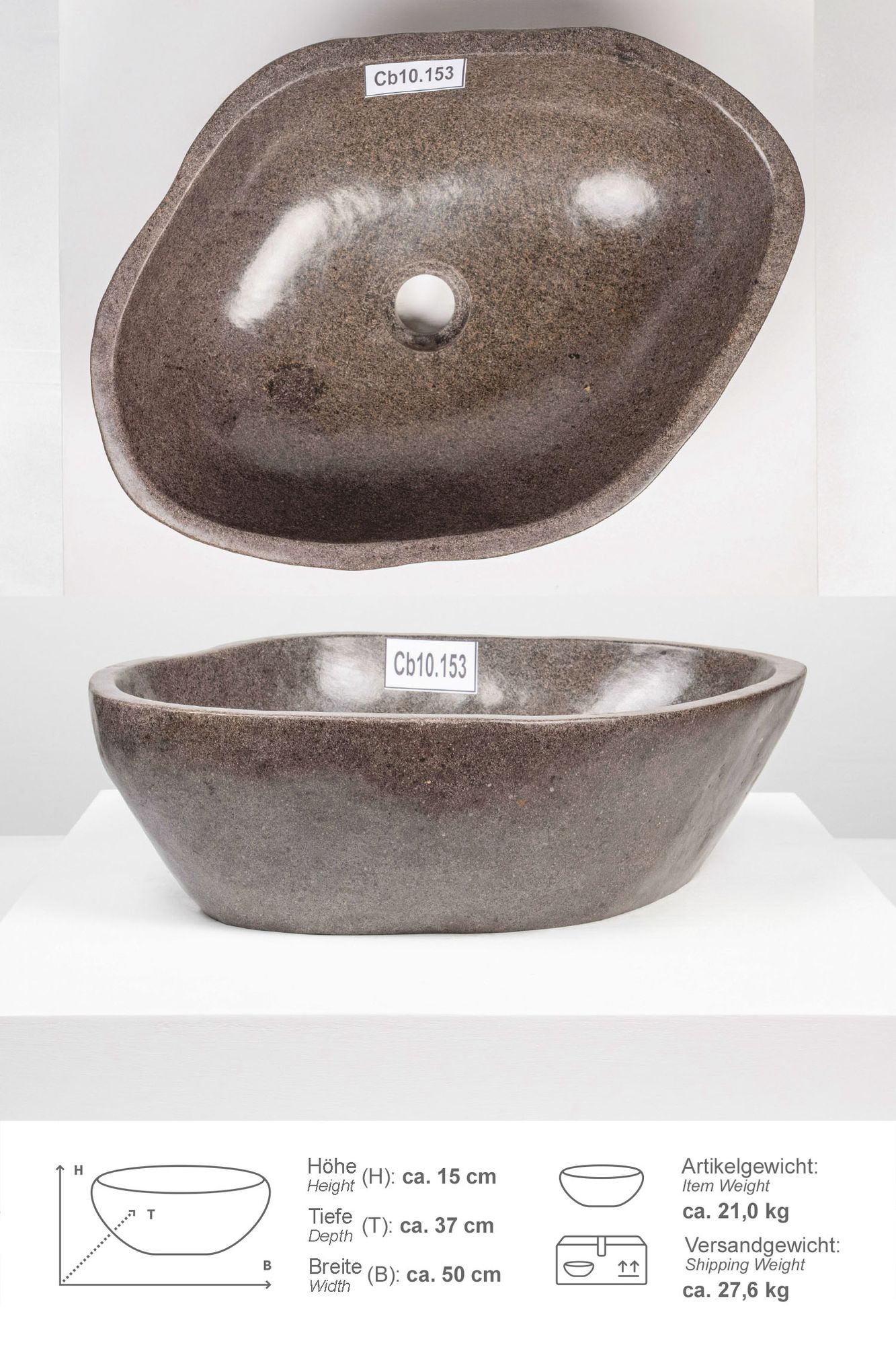 Naturstein Waschbecken 50 cm rundum poliert Cb10.153