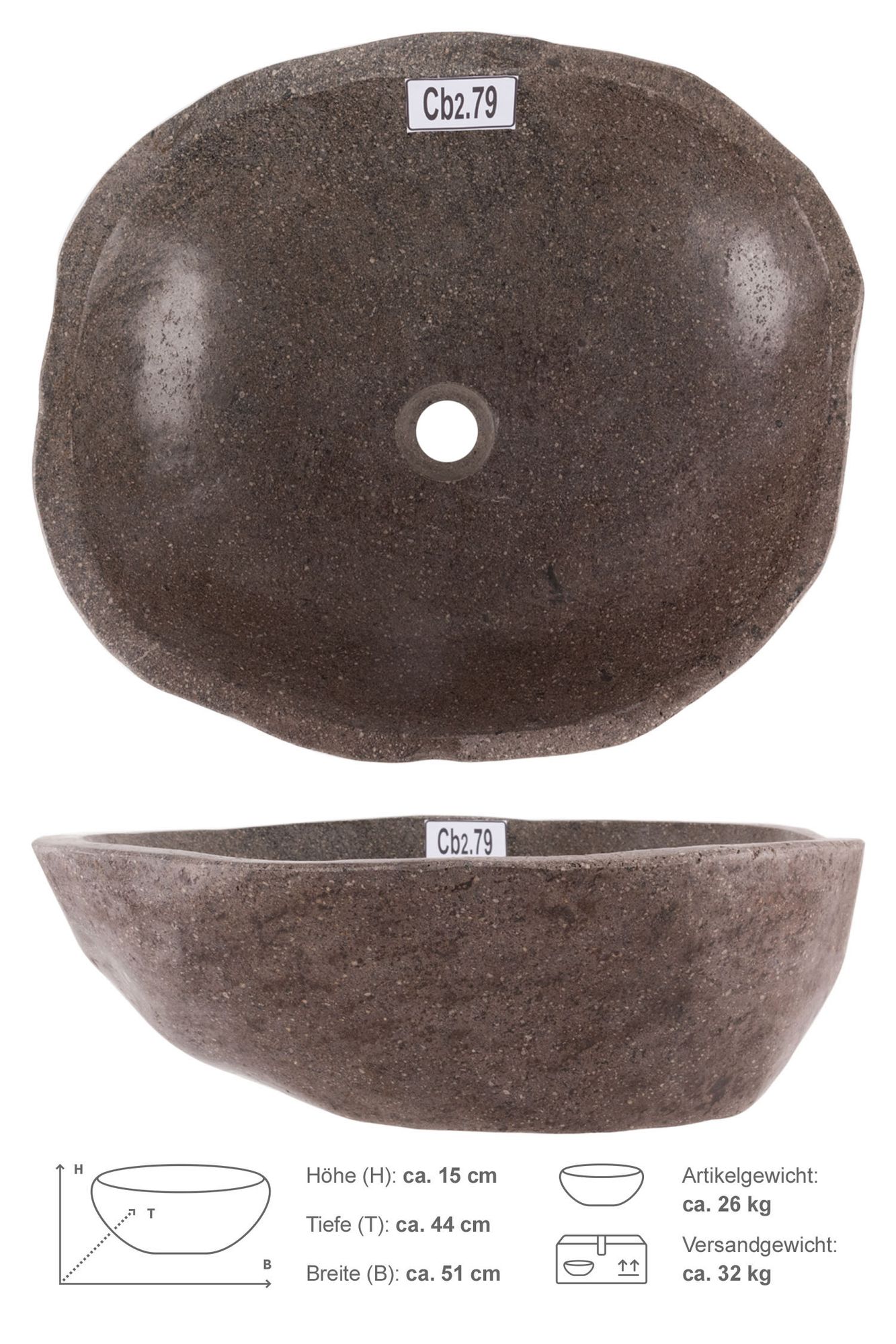Naturstein Waschbecken 50 cm rundum poliert Cb2.79