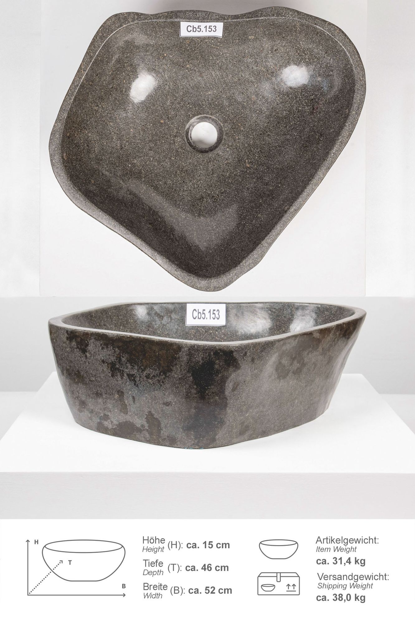 Naturstein Waschbecken 50 cm rundum poliert Cb5.153