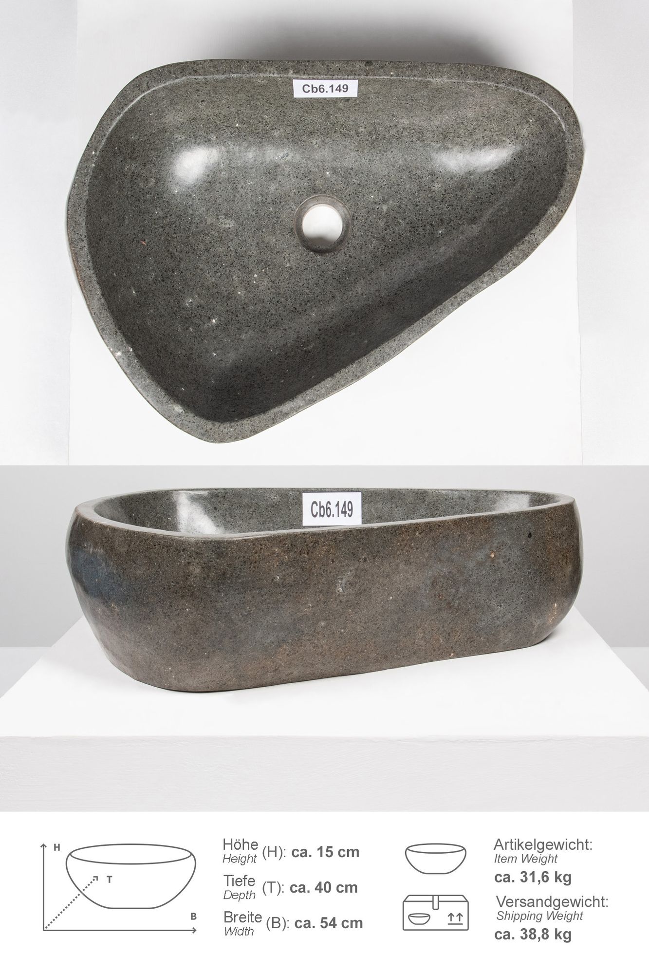 Naturstein Waschbecken 50 cm rundum poliert Cb6.149