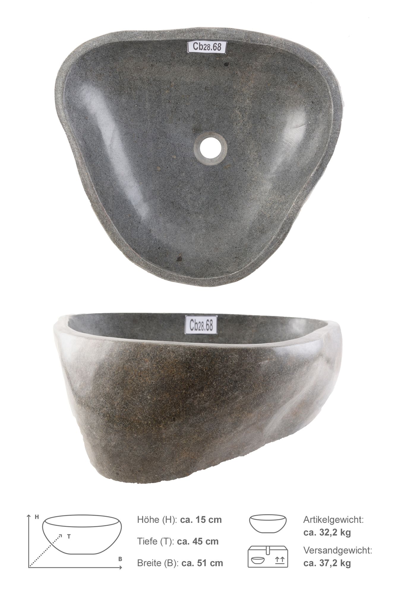 Naturstein Waschbecken 50 cm rundum poliert Cb28.68