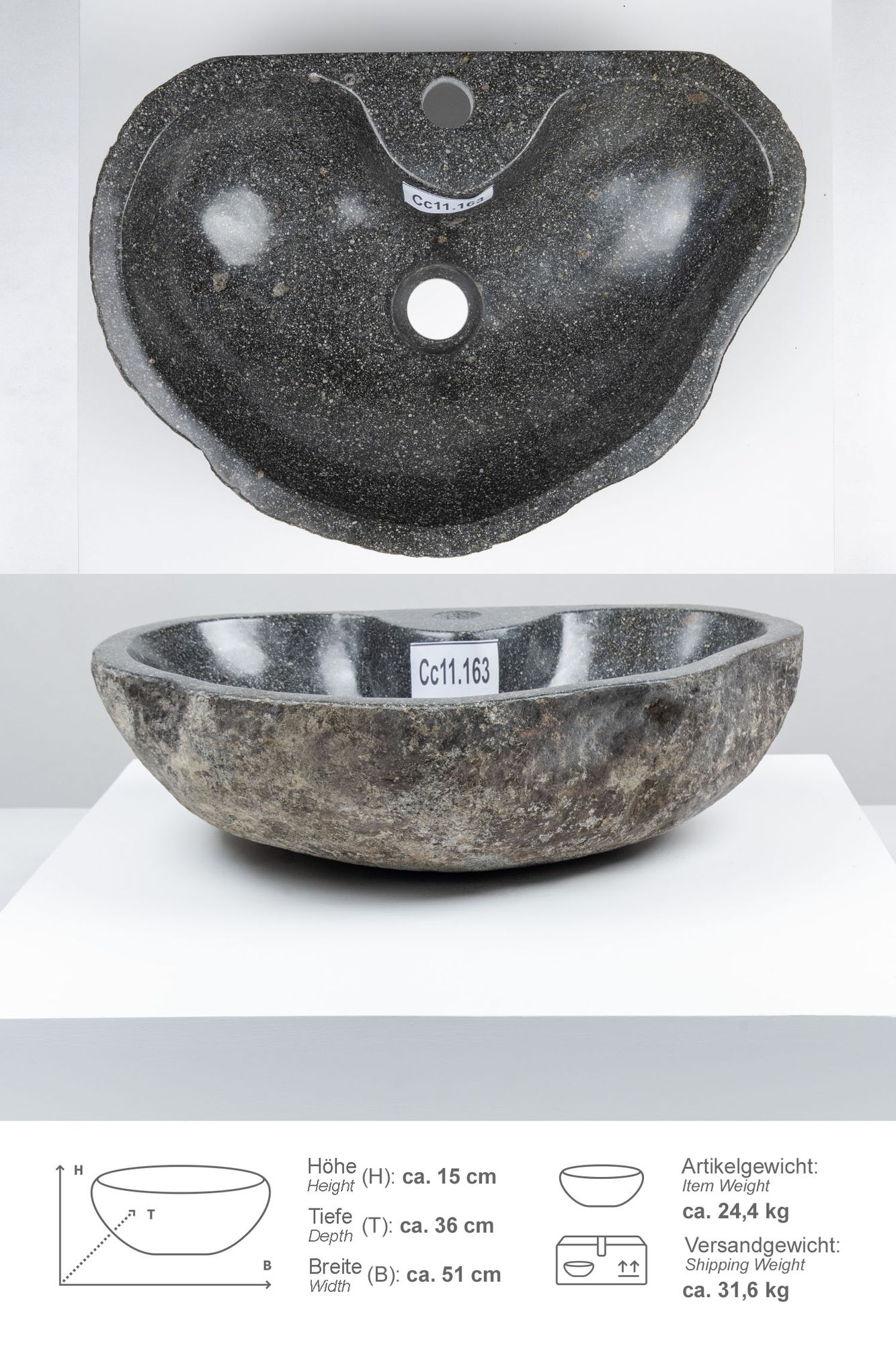 Naturstein Waschbecken 50 cm mit Hahnloch Cc11.163