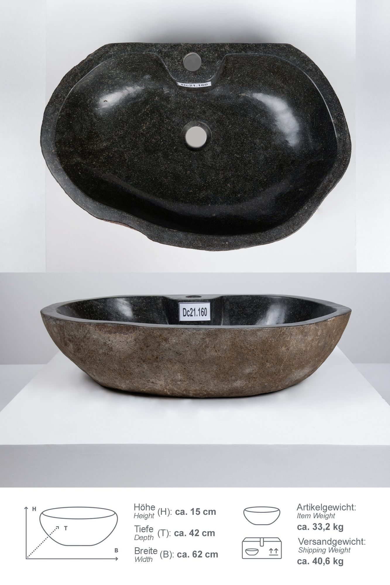 Natursteinwaschbecken 60 cm mit Hahnloch Dc21.160