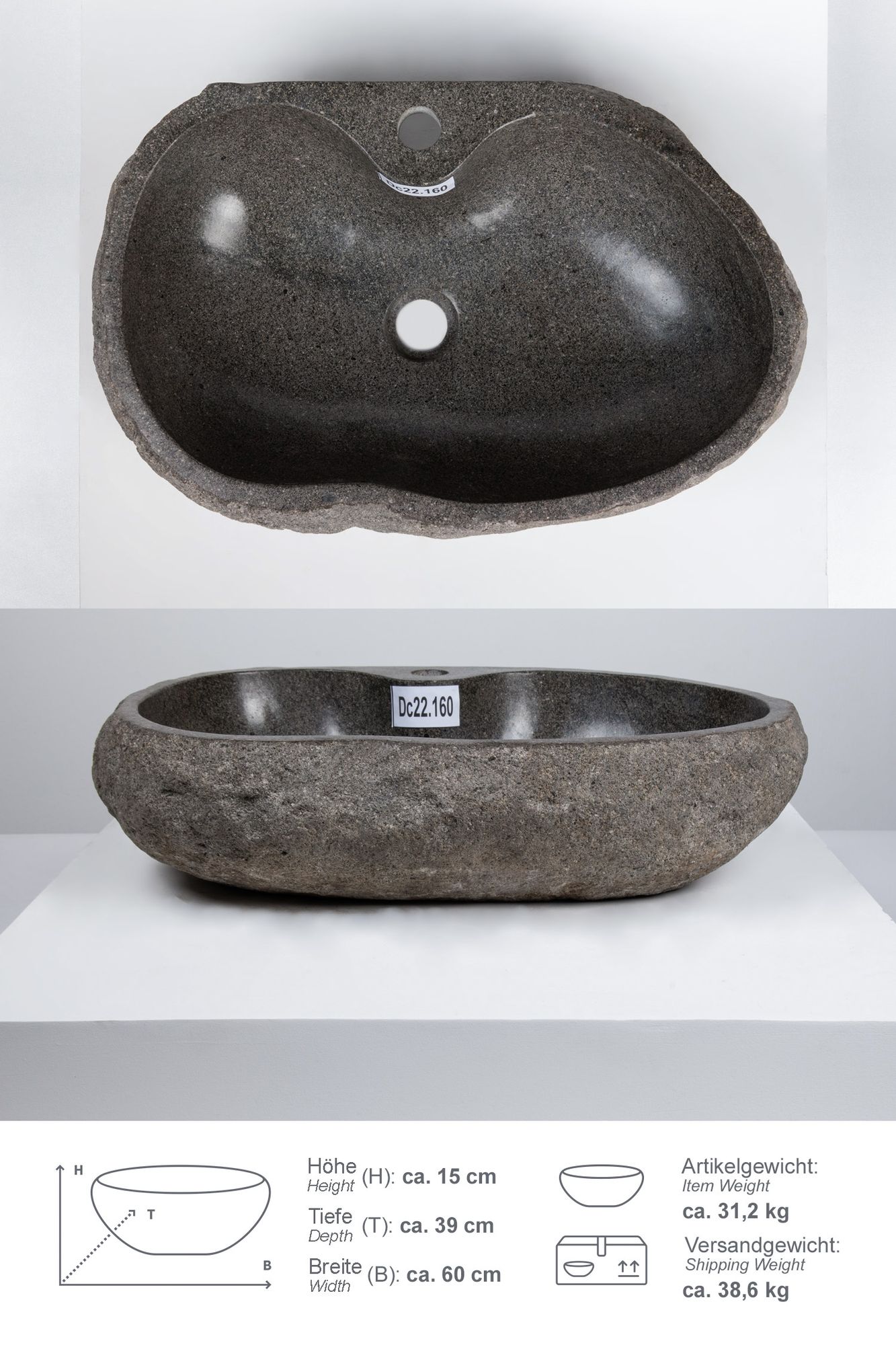 Natursteinwaschbecken 60 cm mit Hahnloch Dc22.160
