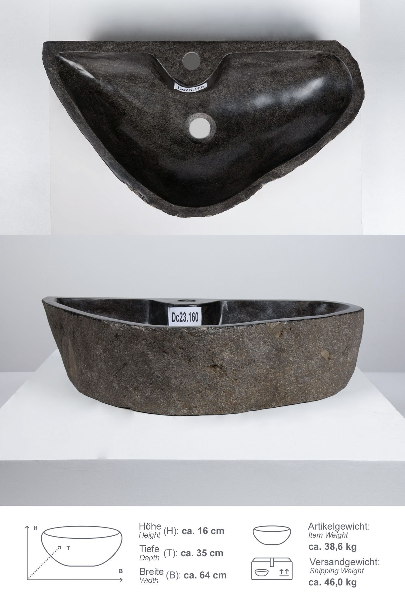Natursteinwaschbecken 60 cm mit Hahnloch Dc23.160