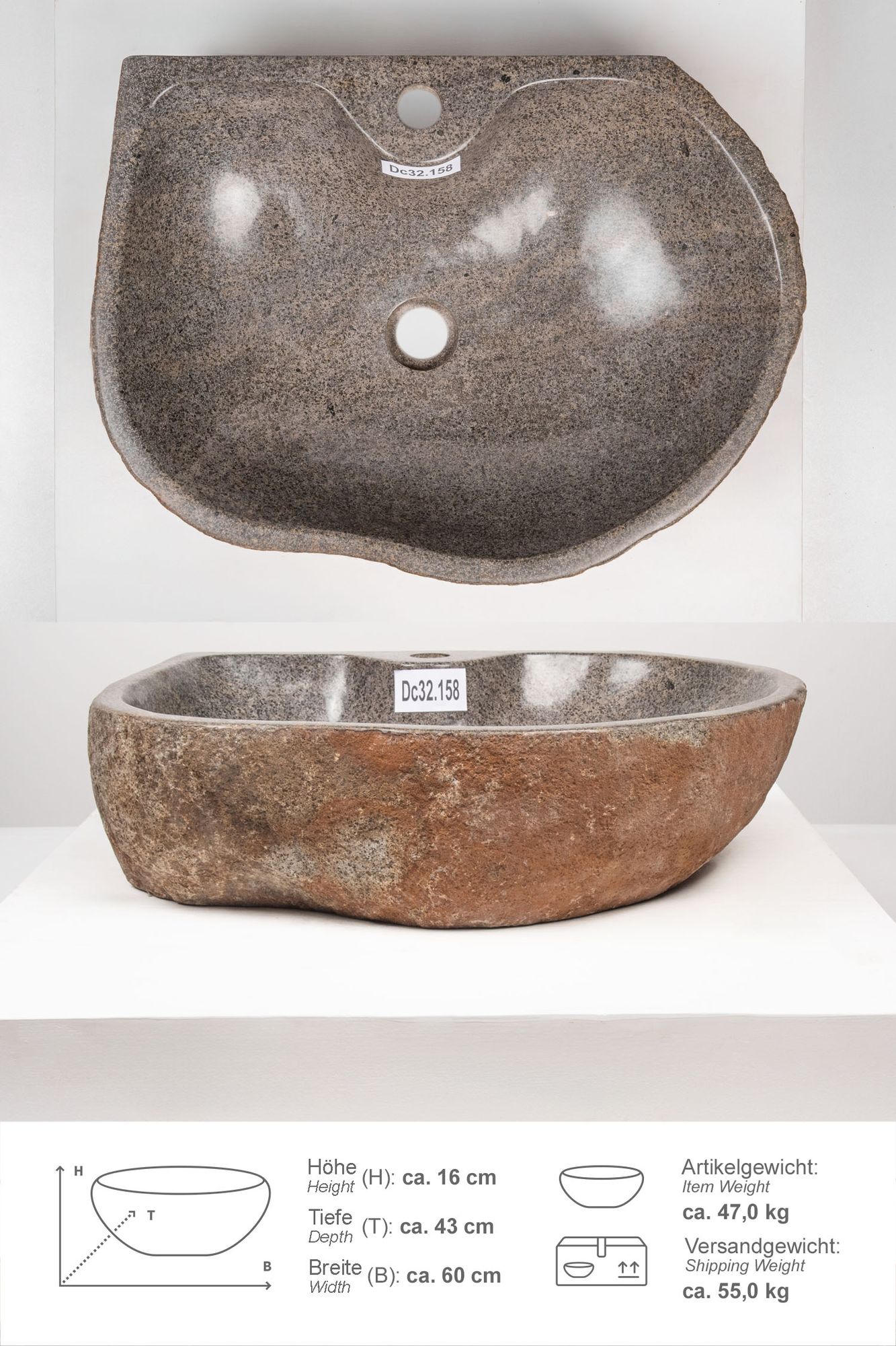 Natursteinwaschbecken 60 cm mit Hahnloch Dc32.158
