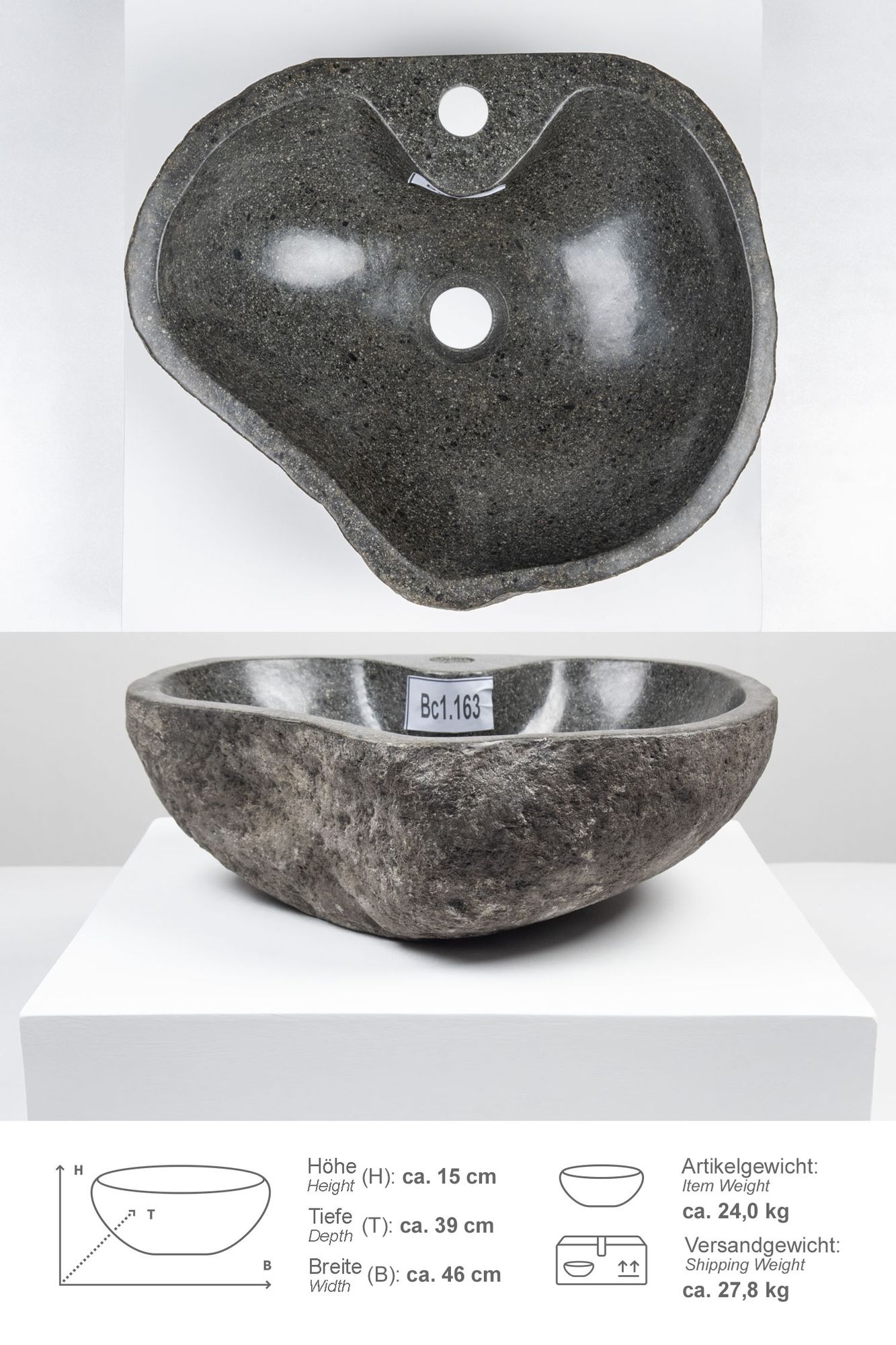 Naturstein-Waschbecken 40 cm mit Hahnloch Bc1.163