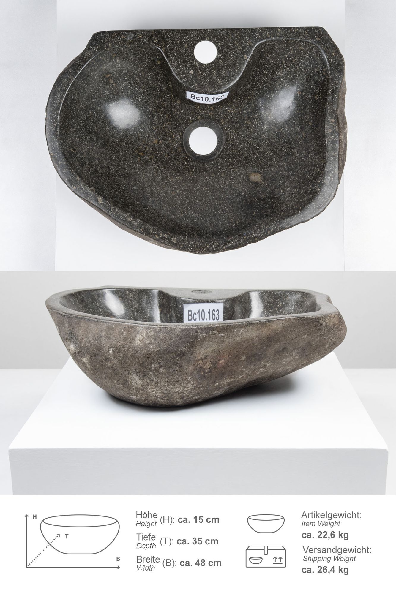 Naturstein-Waschbecken 40 cm mit Hahnloch Bc10.163