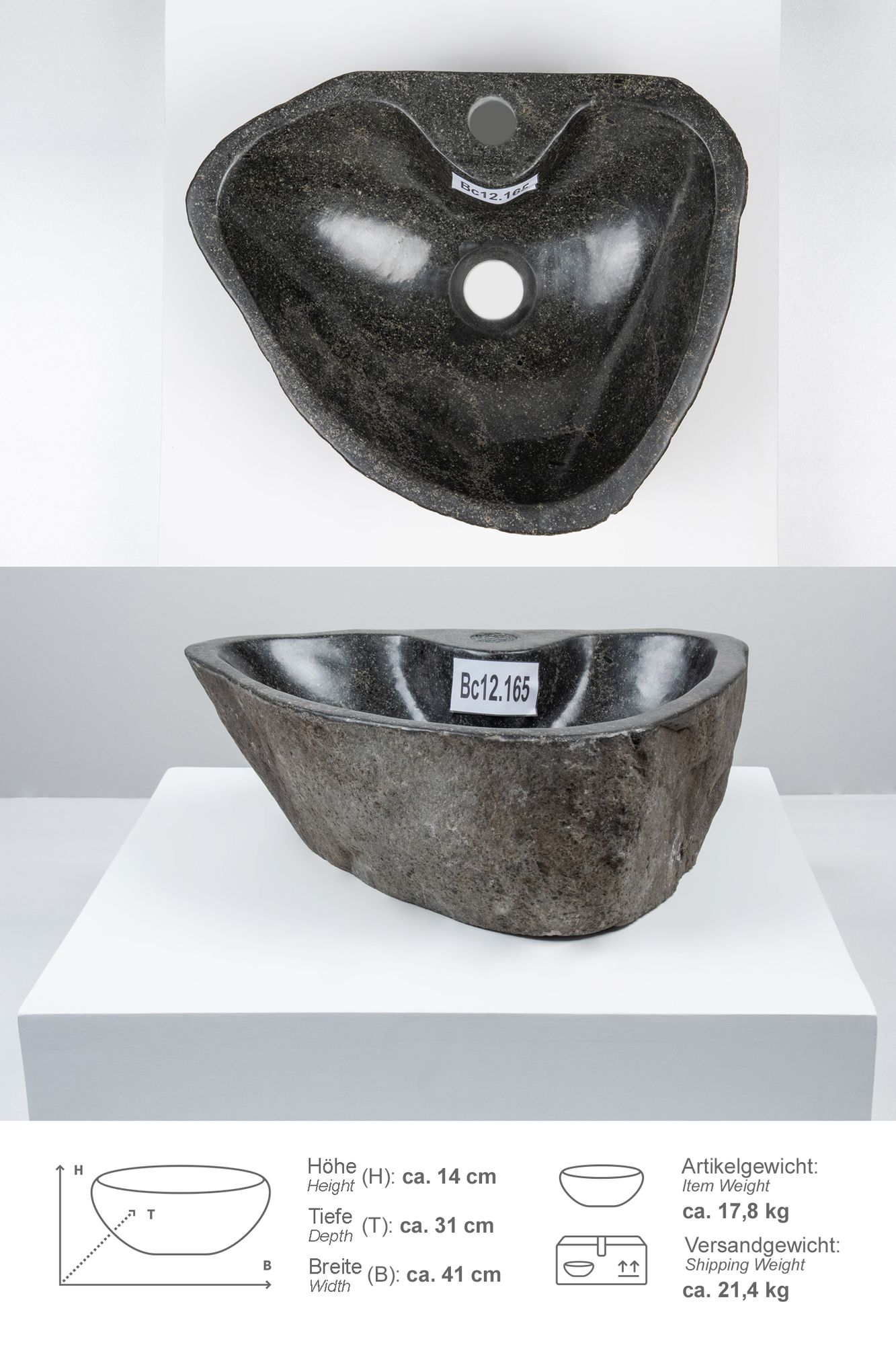 Naturstein-Waschbecken 40 cm mit Hahnloch Bc12.165