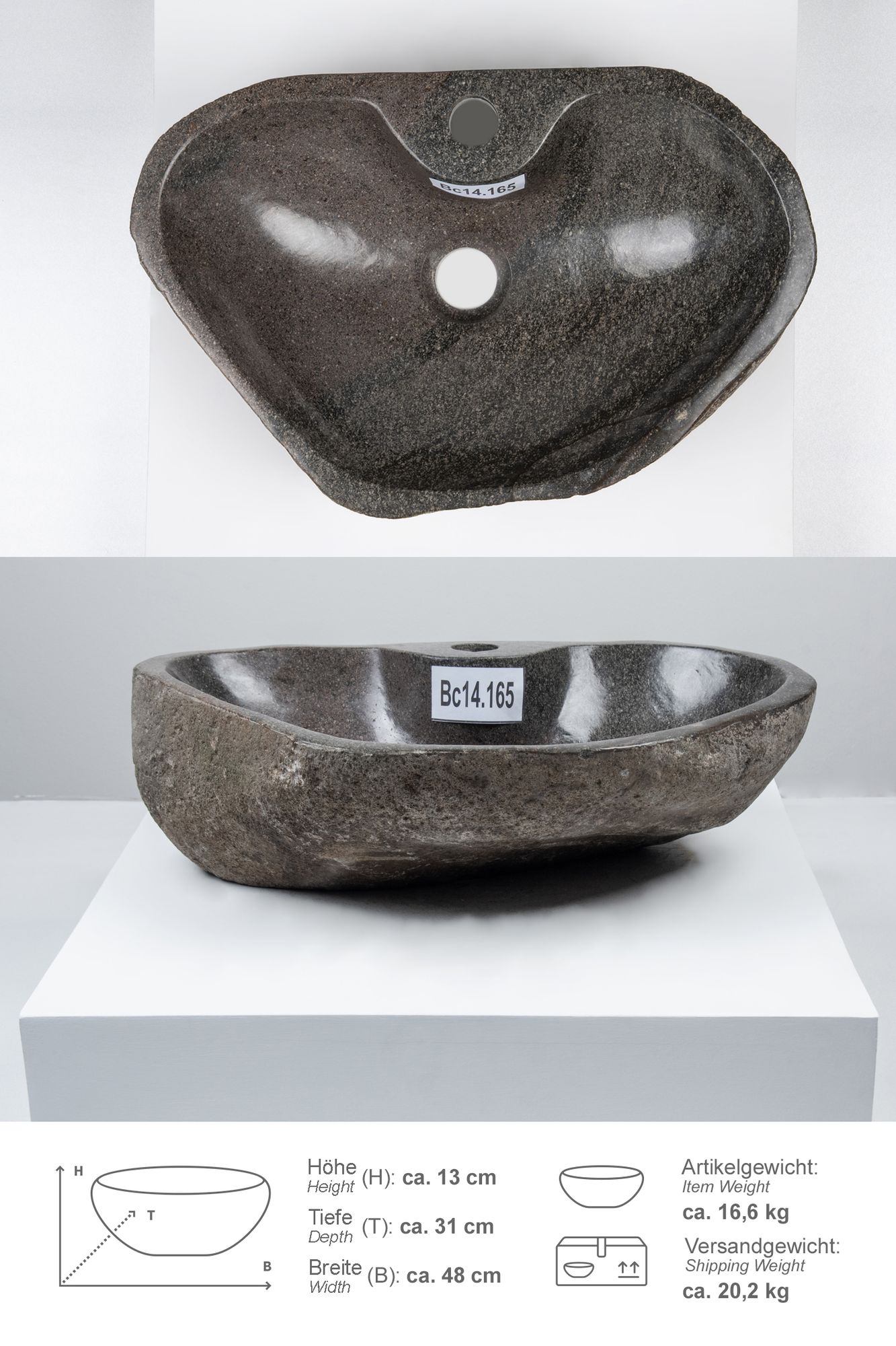 Naturstein-Waschbecken 40 cm mit Hahnloch Bc14.165