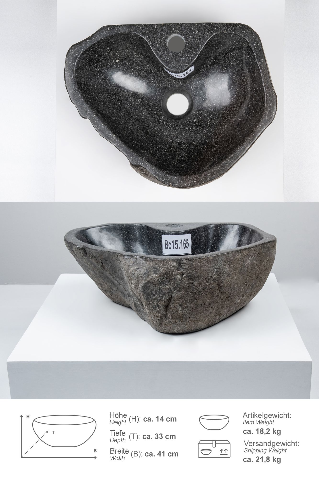 Naturstein-Waschbecken 40 cm mit Hahnloch Bc15.165