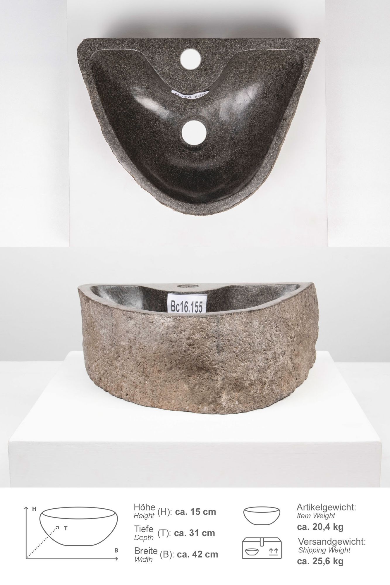 Naturstein-Waschbecken 40 cm mit Hahnloch Bc16.155